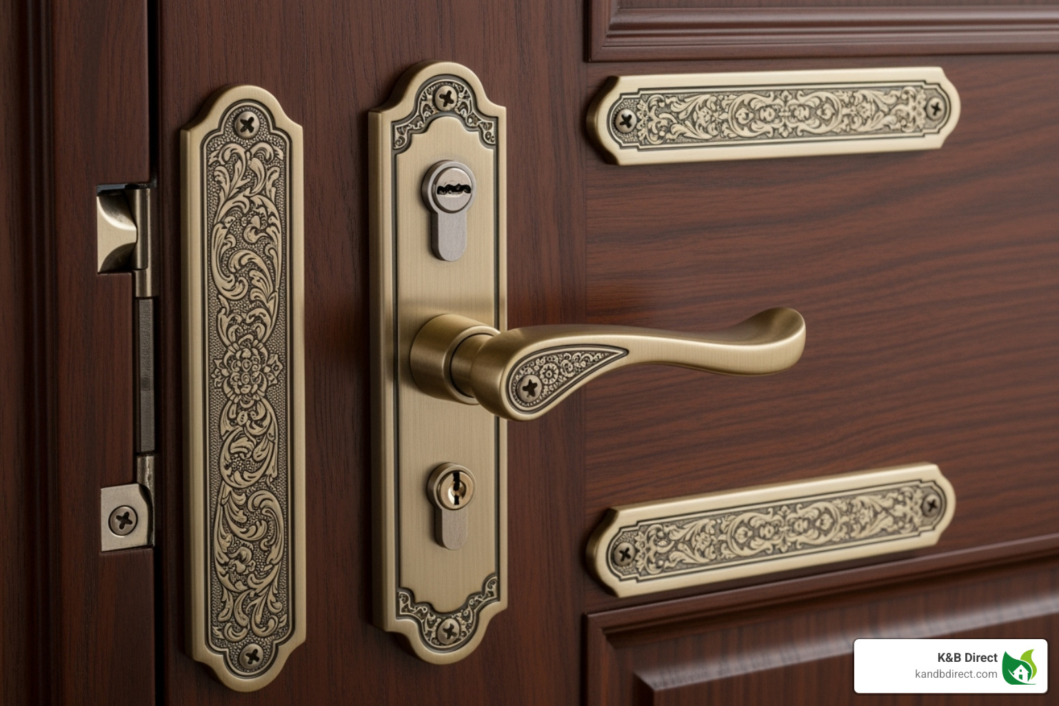 A stylish door handle with a matching lock and hinges, emphasizing door hardware, knobs vs. levers, lock types, finishes, and ironmongery - Interior doors manual keywords A stylish door handle with a matching lock and hinges, emphasizing door hardware, knobs vs. levers, lock types, finishes, and ironmongery - Interior doors manual keywords