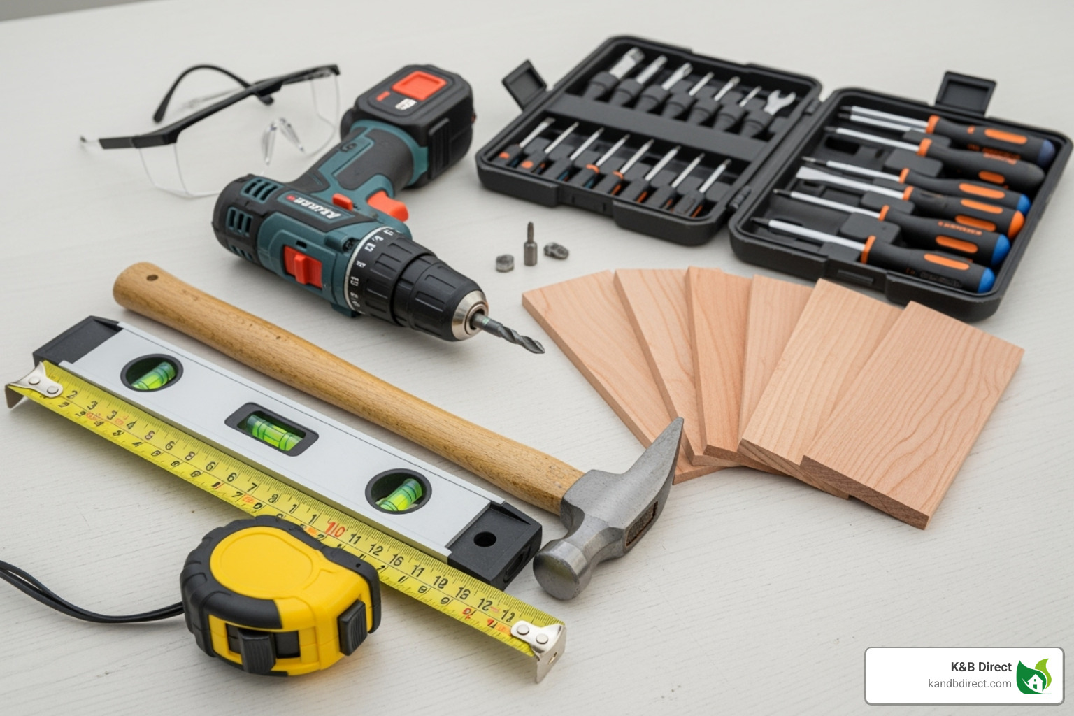 Tools for door installation laid out neatly, including a tape measure, level, hammer, shims, drill, screwdriver set, and safety glasses - Interior doors manual keywords Tools for door installation laid out neatly, including a tape measure, level, hammer, shims, drill, screwdriver set, and safety glasses - Interior doors manual keywords