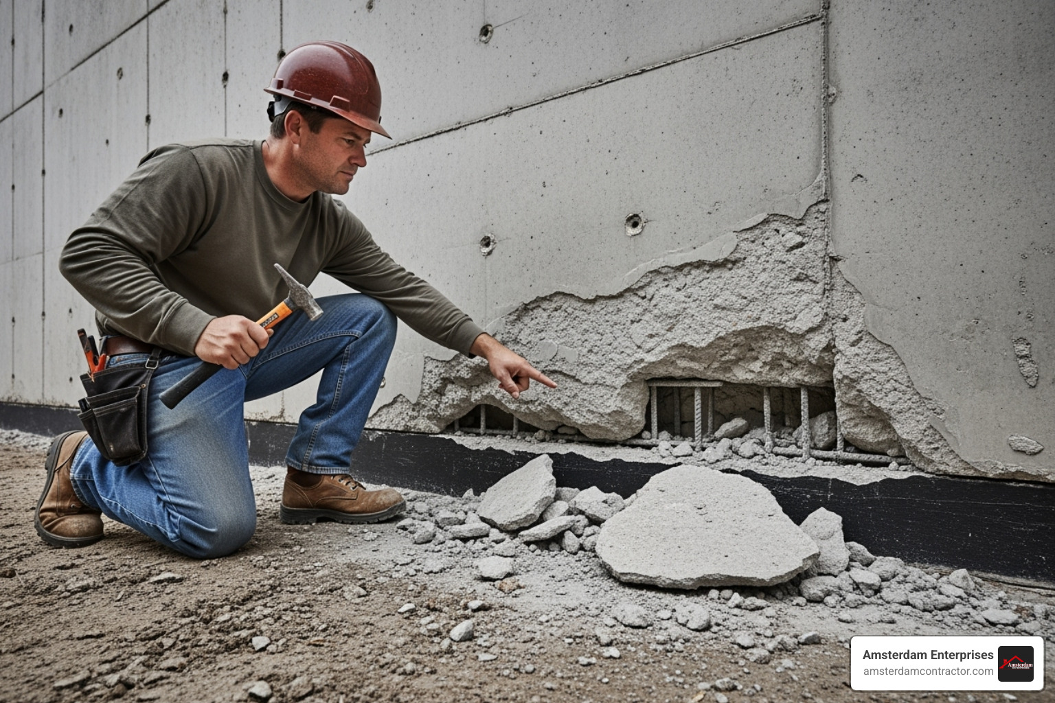 contractor inspecting spalled foundation - foundation spalling repair cost
