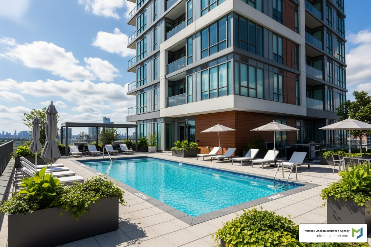 Condo building exterior highlighting common areas like the pool and roof - renters insurance for condos Condo building exterior highlighting common areas like the pool and roof - renters insurance for condos