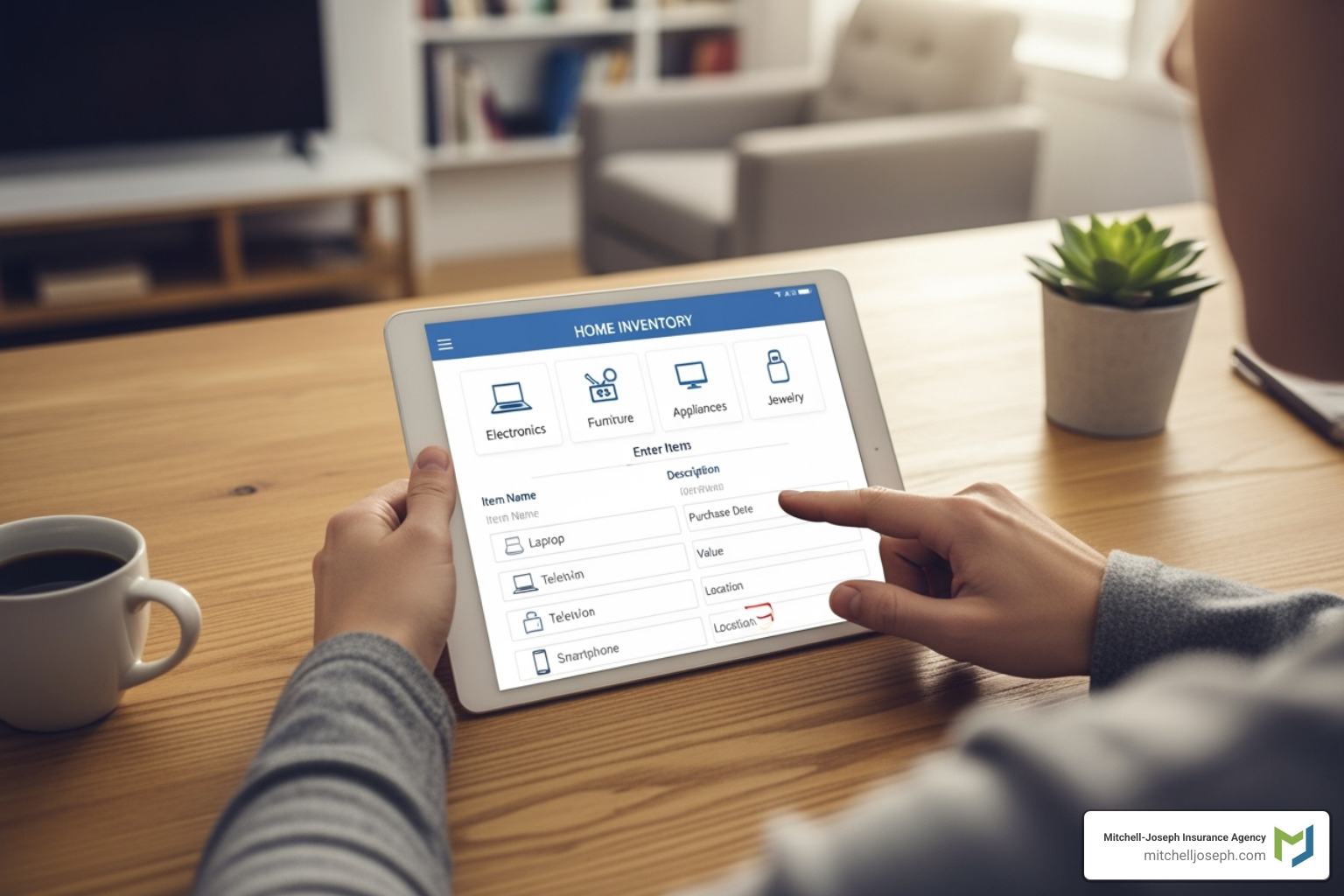 Person using a tablet to create a home inventory list - renters insurance for condos Person using a tablet to create a home inventory list - renters insurance for condos
