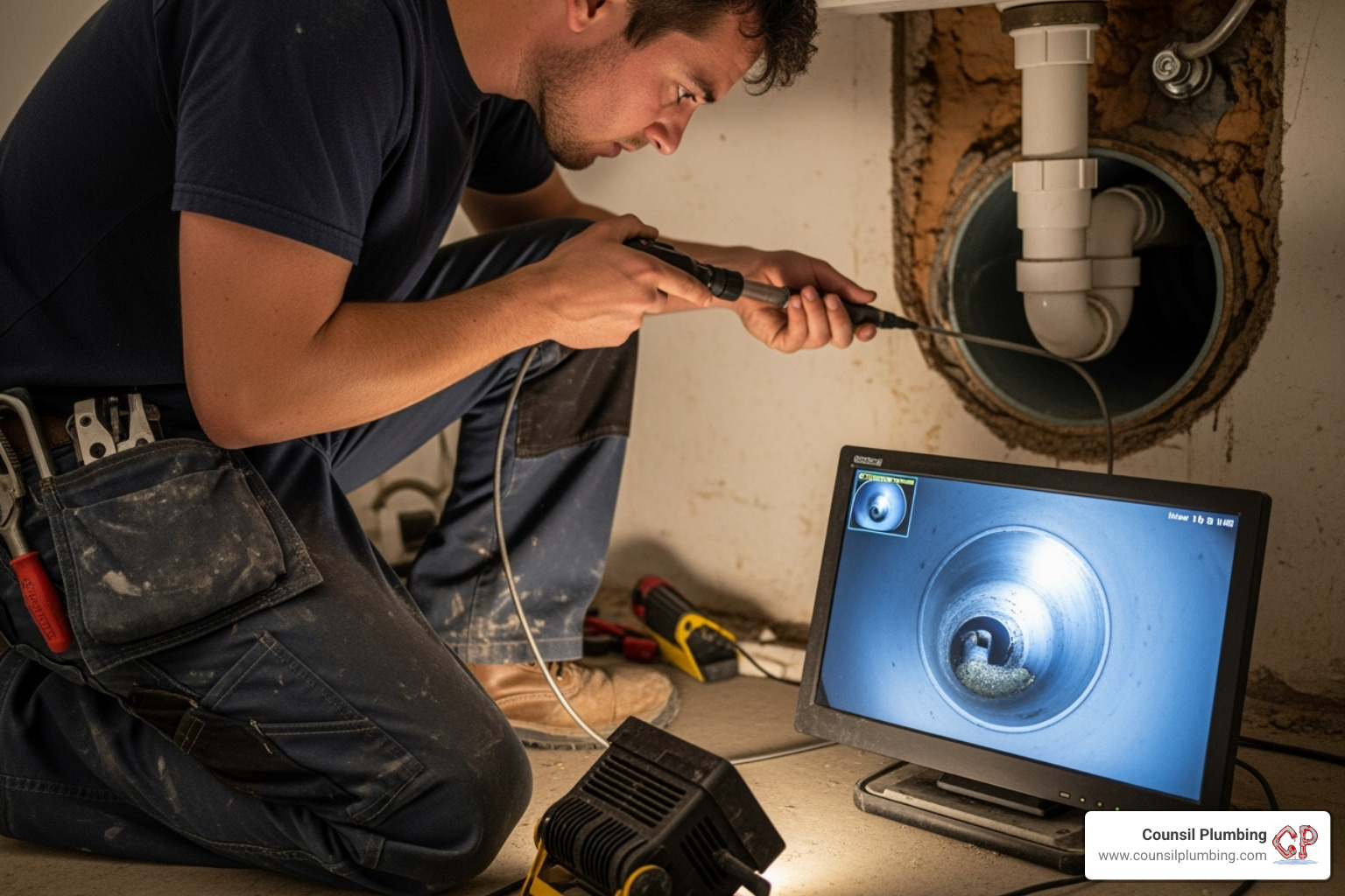 Plumber using a video inspection camera in a pipe - main drain cleaning near me Plumber using a video inspection camera in a pipe - main drain cleaning near me