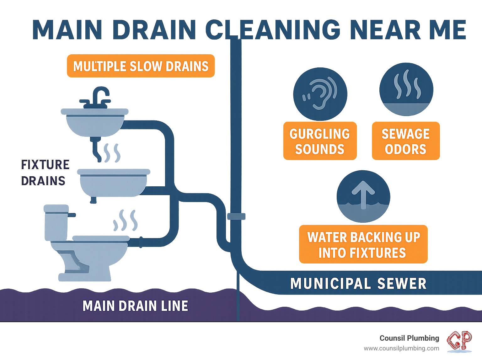 Infographic showing the difference between fixture drains that serve individual sinks, tubs and toilets versus the main drain line that carries all wastewater from the home to the municipal sewer system, including warning signs like multiple slow drains, gurgling sounds, sewage odors, and water backing up into fixtures - main drain cleaning near me infographic Infographic showing the difference between fixture drains that serve individual sinks, tubs and toilets versus the main drain line that carries all wastewater from the home to the municipal sewer system, including warning signs like multiple slow drains, gurgling sounds, sewage odors, and water backing up into fixtures - main drain cleaning near me infographic