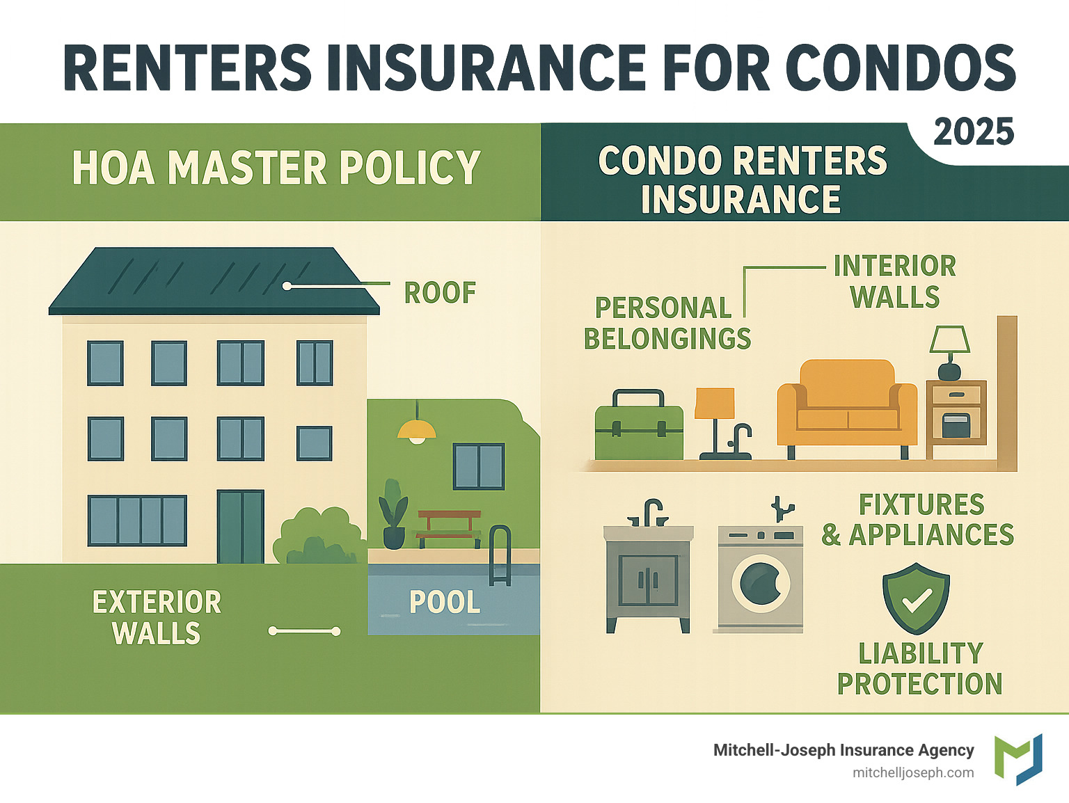 Detailed comparison infographic showing HOA master policy coverage (exterior walls, roof, common areas like lobby and pool) versus personal condo renters insurance coverage (interior walls, personal belongings, fixtures, appliances, and liability protection) - renters insurance for condos infographic Detailed comparison infographic showing HOA master policy coverage (exterior walls, roof, common areas like lobby and pool) versus personal condo renters insurance coverage (interior walls, personal belongings, fixtures, appliances, and liability protection) - renters insurance for condos infographic