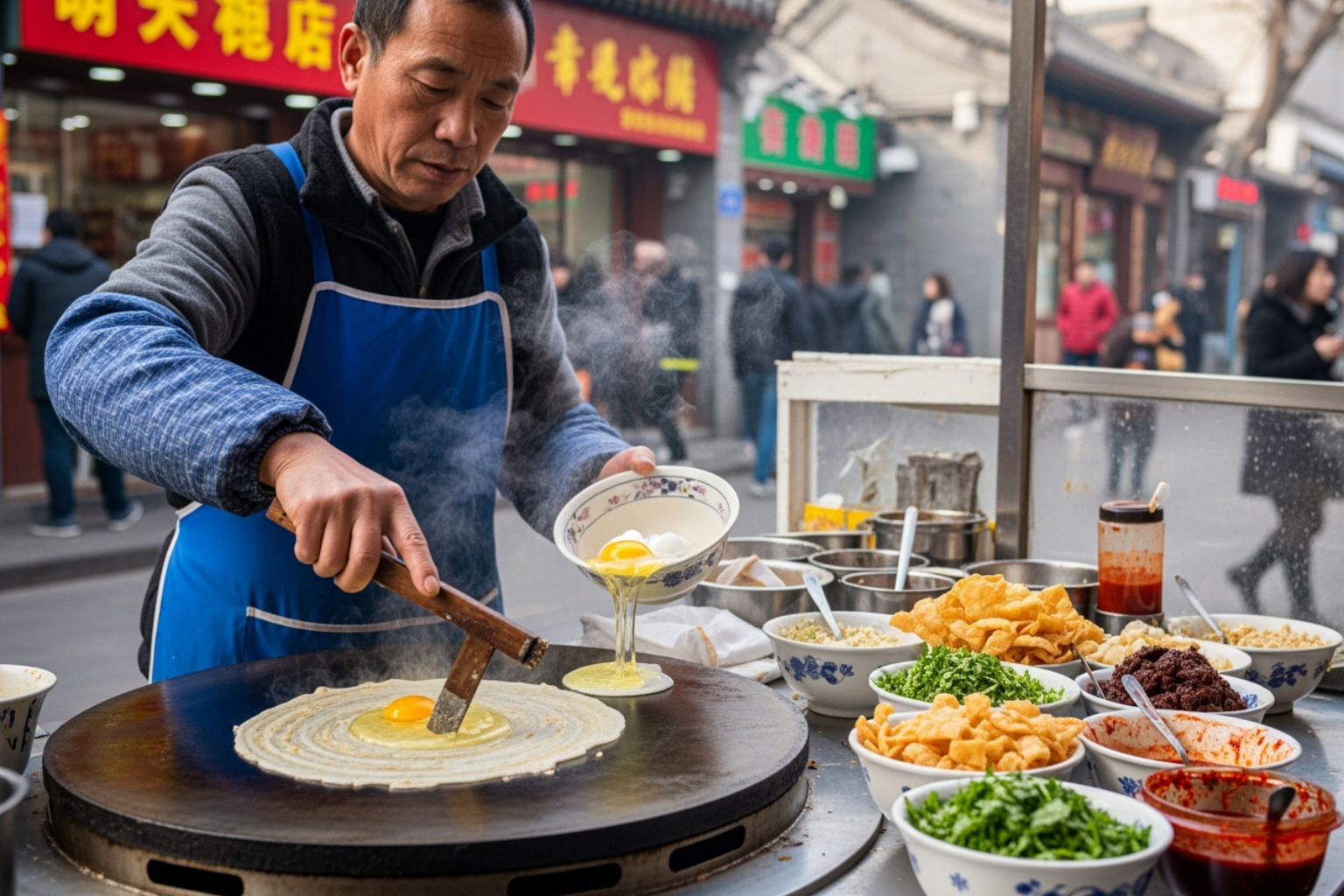 street vendor making a fresh jianbing - beijing street food tour