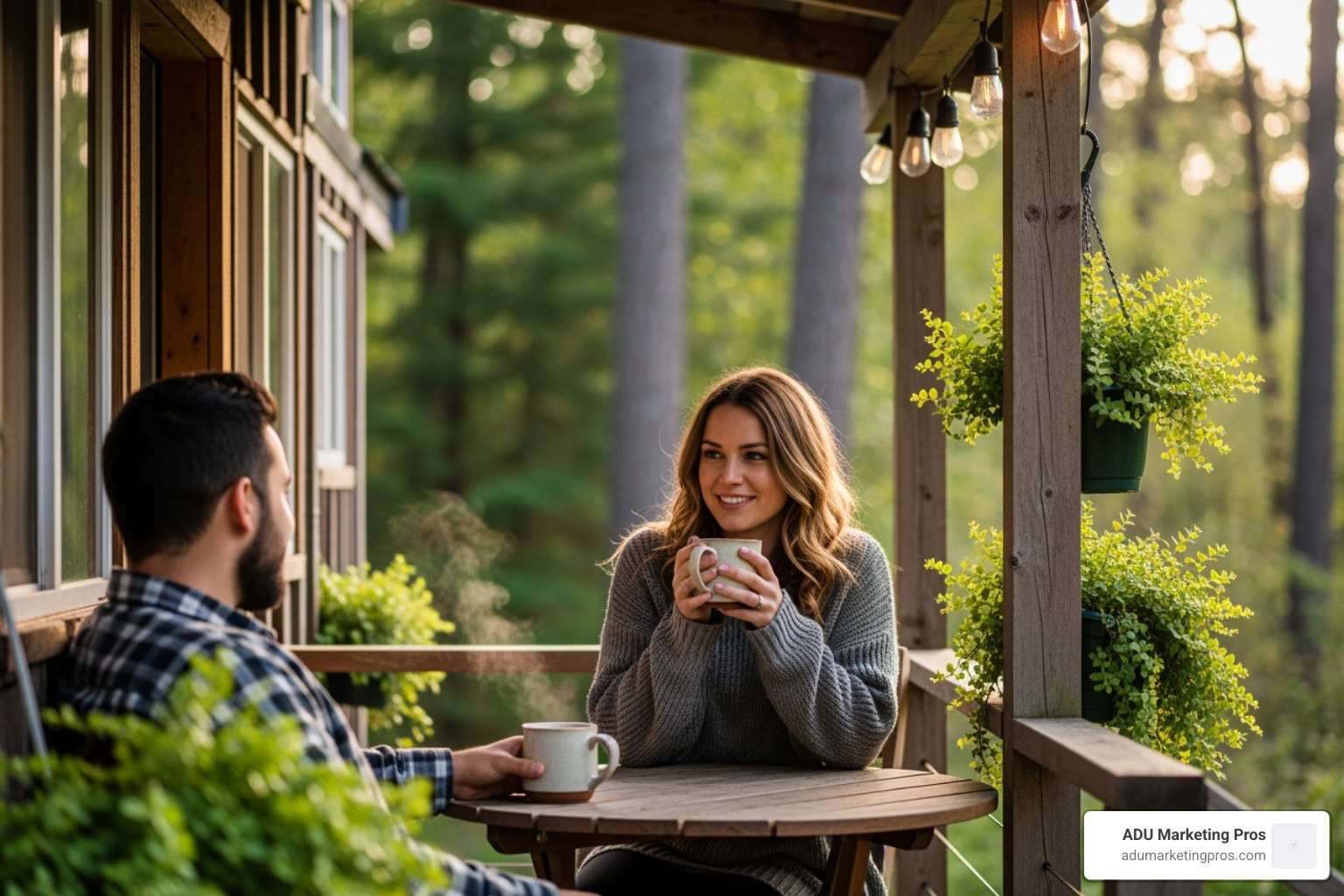 a couple enjoying coffee on the porch of a rustic tiny house - tiny house rental southern california a couple enjoying coffee on the porch of a rustic tiny house - tiny house rental southern california