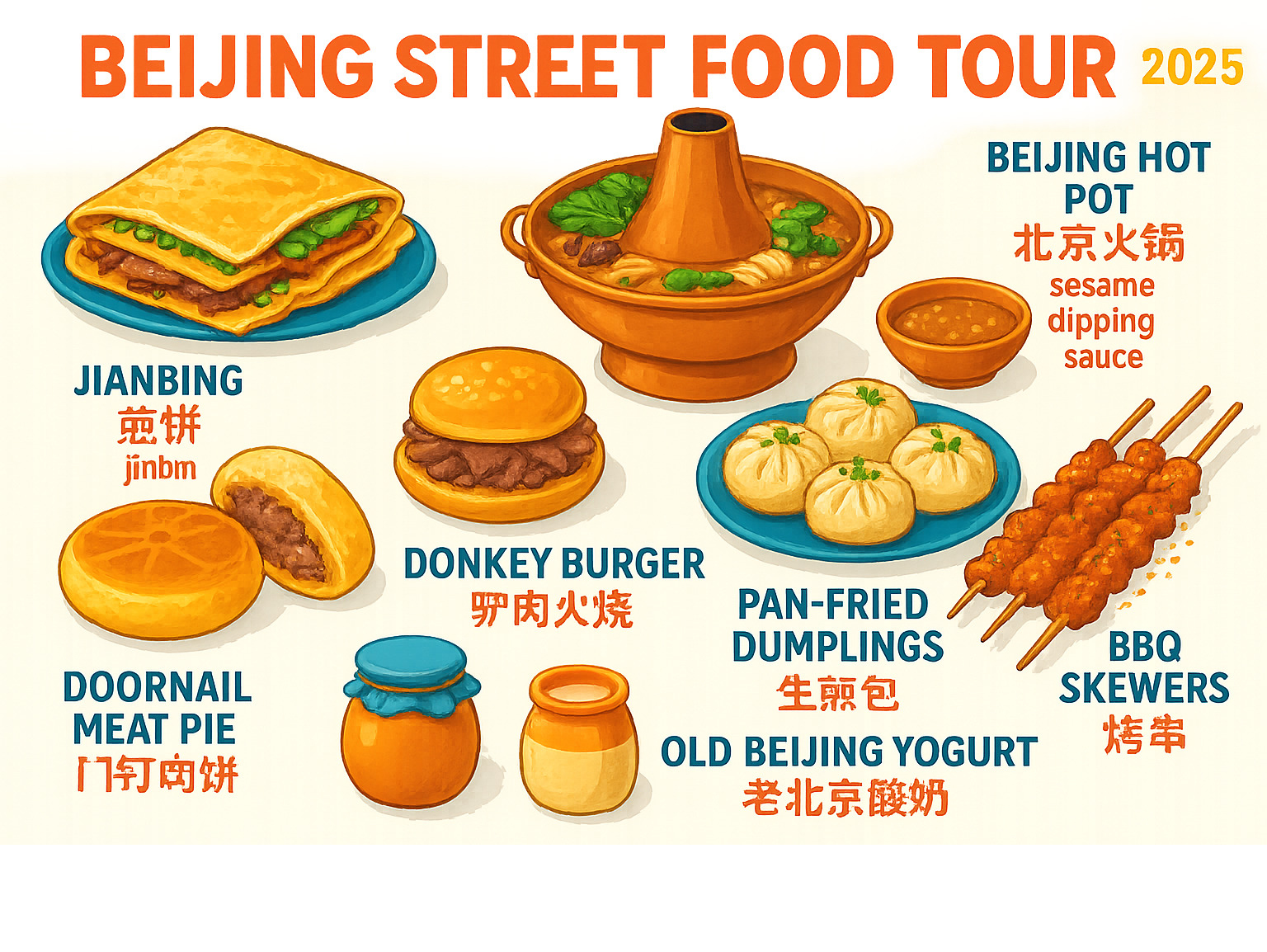 Comprehensive Beijing street food tour guide showing must-try dishes including jianbing breakfast crepe, Beijing hot pot with sesame dipping sauce, donkey burger, pan-fried dumplings, doornail meat pie, old Beijing yogurt in ceramic jar, and BBQ skewers with cumin seasoning, each labeled in English and Pinyin characters - beijing street food tour infographic 