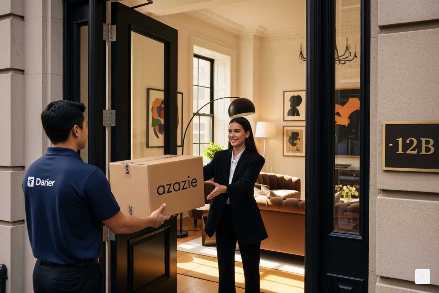 Azazie package being delivered to a stylish New York apartment - azazie