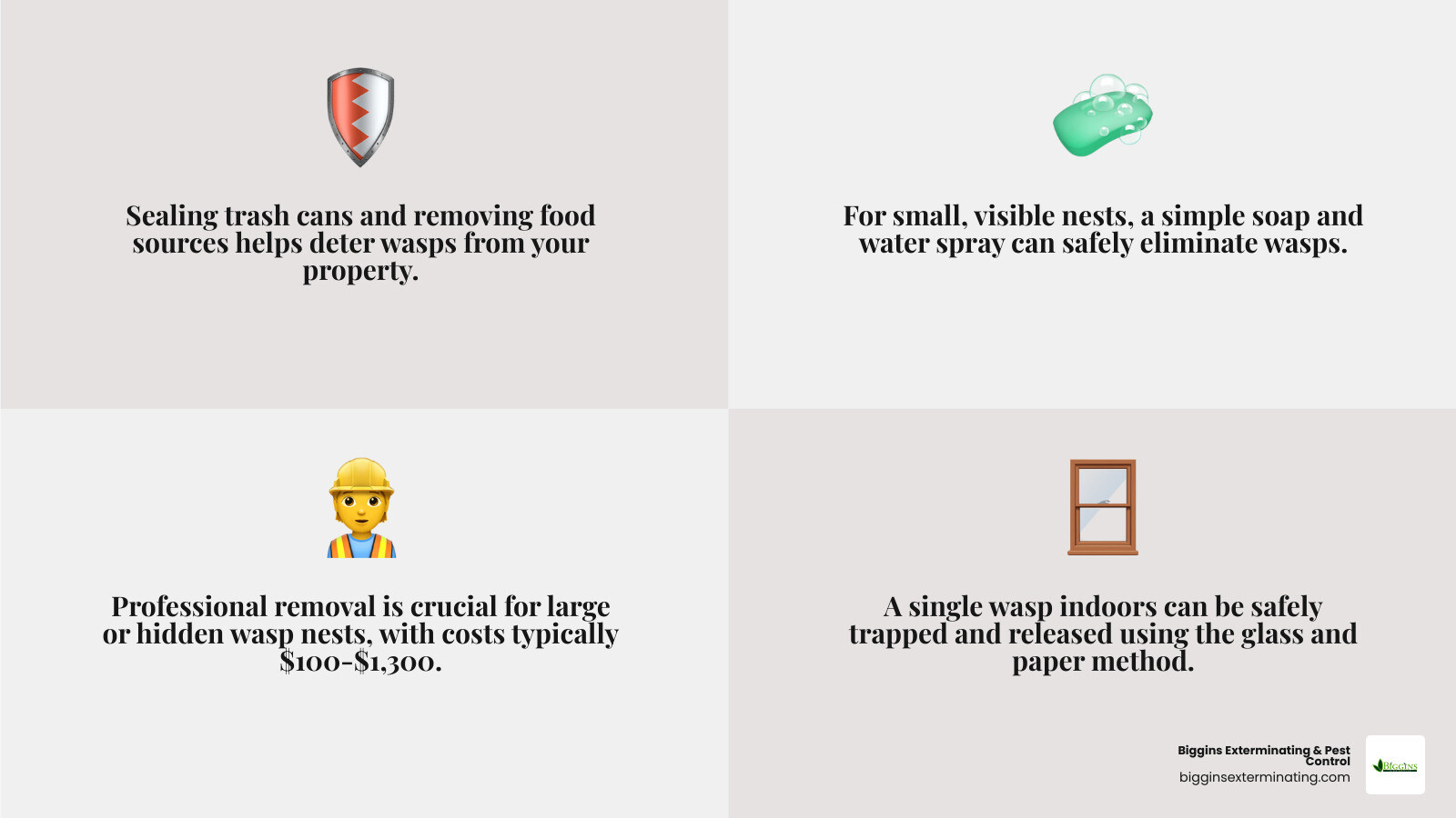 Comprehensive guide showing wasp identification chart with paper wasps, yellow jackets, and hornets, prevention methods including sealing trash and removing food sources, DIY solutions like soap sprays for small nests, and when to call professionals for large or dangerous infestations - best way to get rid of wasps around house infographic 4_facts_emoji_grey Comprehensive guide showing wasp identification chart with paper wasps, yellow jackets, and hornets, prevention methods including sealing trash and removing food sources, DIY solutions like soap sprays for small nests, and when to call professionals for large or dangerous infestations - best way to get rid of wasps around house infographic 4_facts_emoji_grey