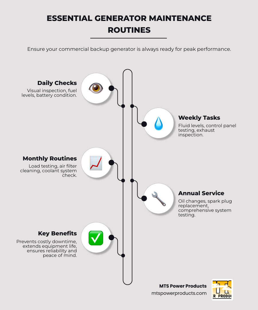 Detailed commercial generator maintenance schedule showing daily, weekly, monthly and annual tasks with specific inspection points, fluid checks, testing procedures and replacement intervals - commercial backup generator maintenance infographic infographic-line-5-steps-neat_beige