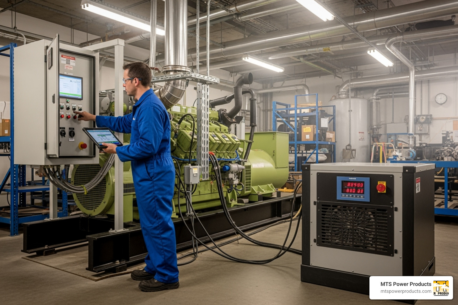 Technician performing load bank test on a commercial generator - commercial backup generator maintenance