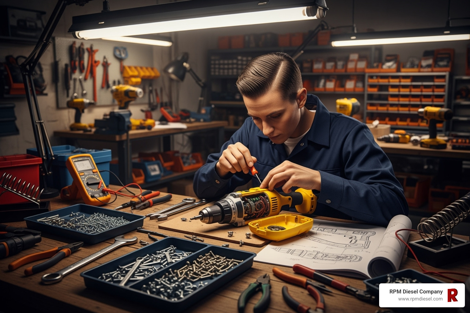 Image of a Bosch factory service center technician working on a power tool - bosch warranty service