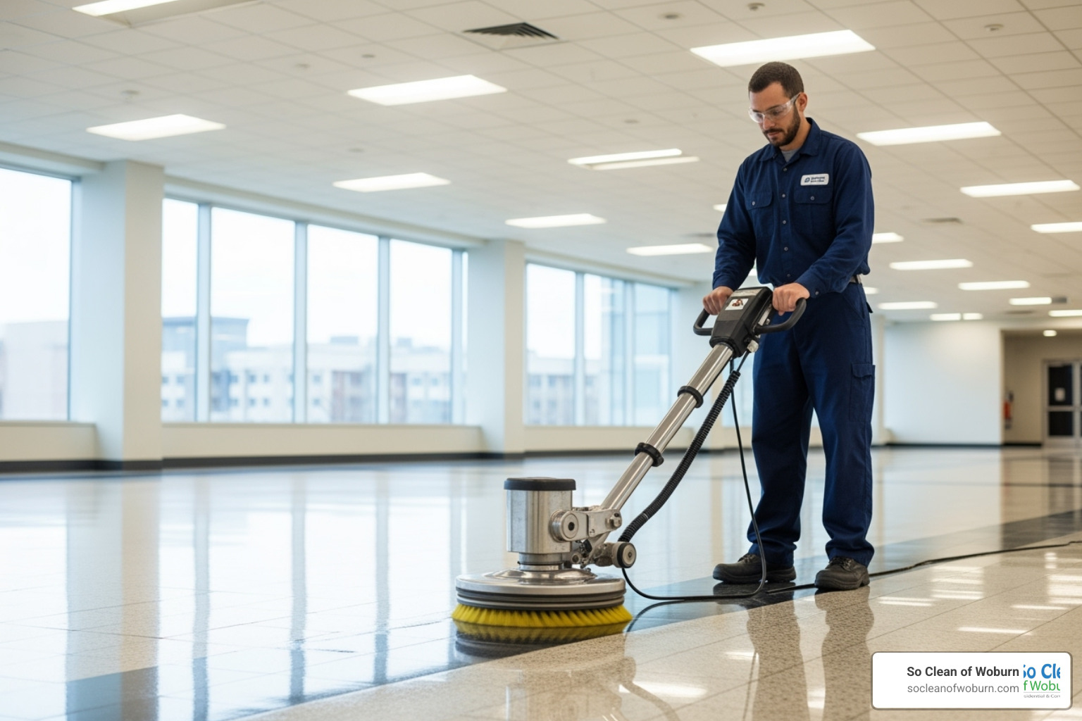 uniformed professional using a modern floor buffer in a commercial building - corporate cleaning company uniformed professional using a modern floor buffer in a commercial building - corporate cleaning company