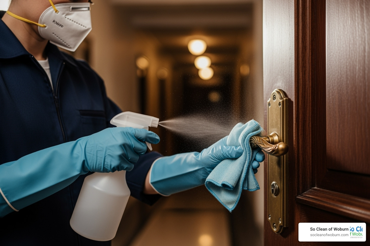 cleaning professional disinfecting a high-touch surface like a door handle - corporate cleaning company cleaning professional disinfecting a high-touch surface like a door handle - corporate cleaning company