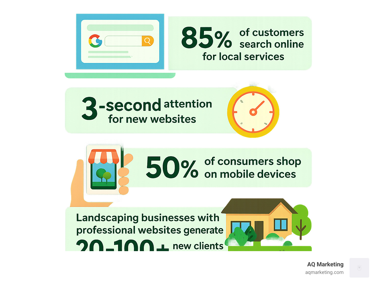 Infographic showing key statistics for landscaping websites including 85% of customers search online for local services, 3-second attention span for new websites, 50% of consumers shop on mobile devices, and landscaping businesses with professional websites generate 20-100+ new clients monthly - landscaping web design agency infographic 