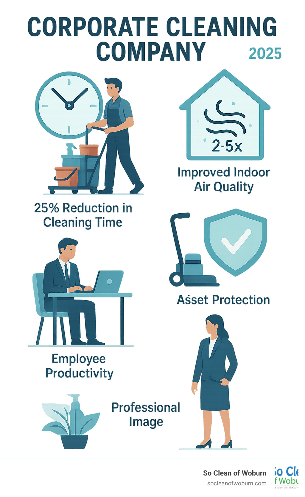 Infographic showing the comprehensive benefits of professional corporate cleaning services, including 25% reduction in cleaning time through outsourcing, improved indoor air quality that can be 2-5 times more polluted than outdoor air, employee productivity gains from healthier work environments, asset protection through proper maintenance, and professional image improvement for customer confidence - corporate cleaning company infographic Infographic showing the comprehensive benefits of professional corporate cleaning services, including 25% reduction in cleaning time through outsourcing, improved indoor air quality that can be 2-5 times more polluted than outdoor air, employee productivity gains from healthier work environments, asset protection through proper maintenance, and professional image improvement for customer confidence - corporate cleaning company infographic