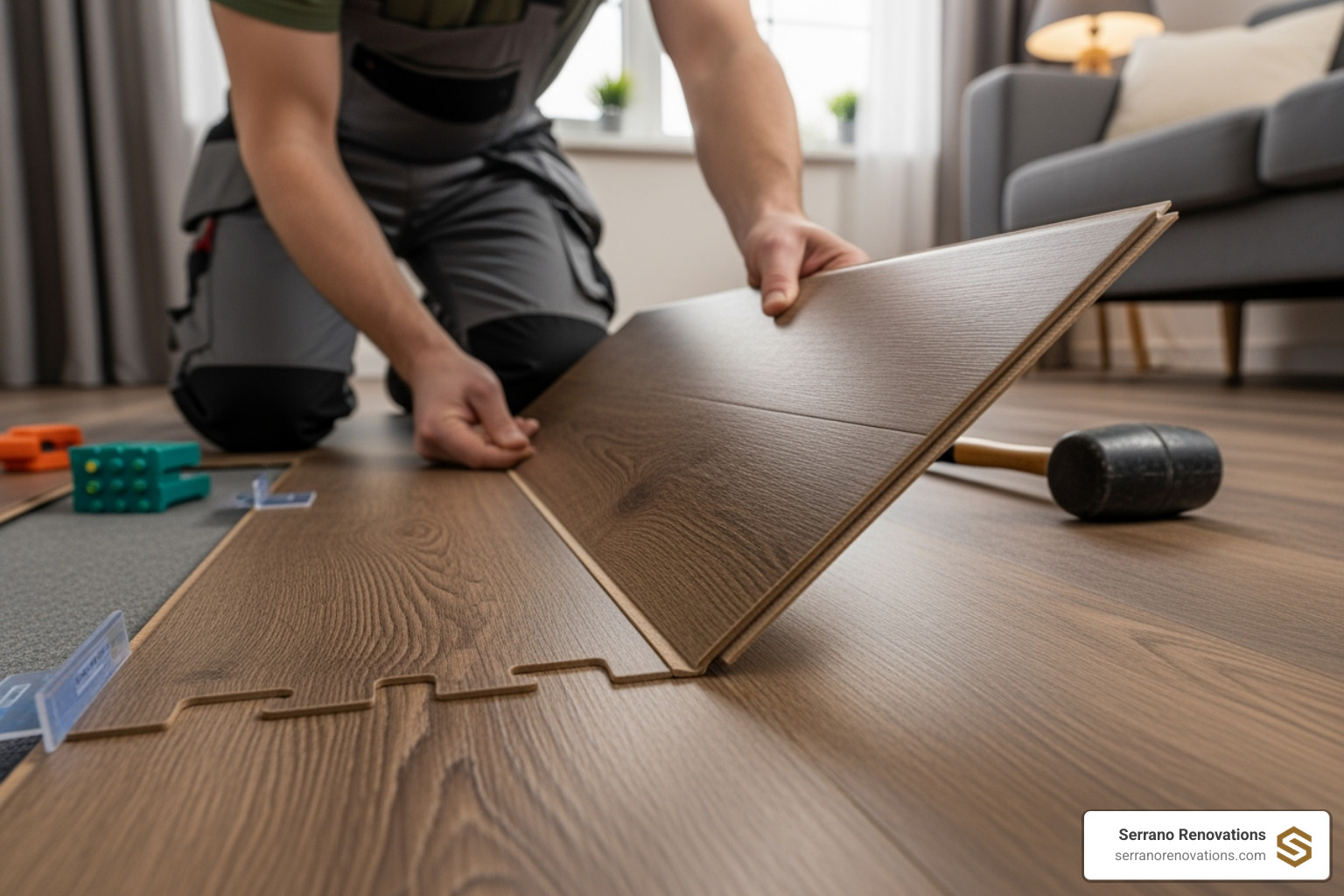 of a homeowner successfully installing click-lock vinyl plank flooring - cheap flooring installation