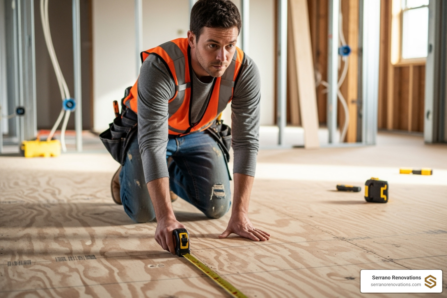 of a contractor measuring a subfloor before installation - cheap flooring installation