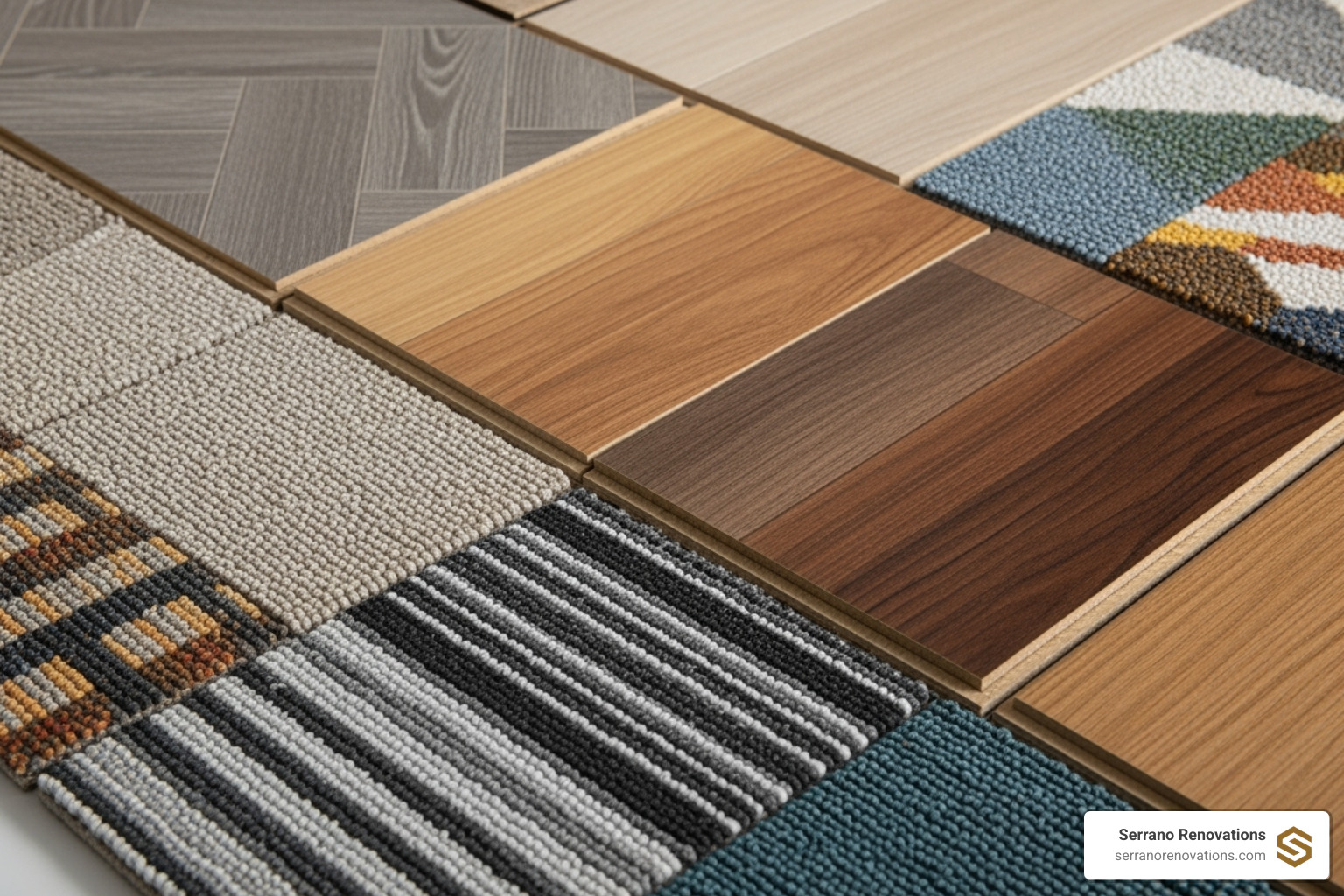 of various budget-friendly flooring samples like LVP, laminate, and carpet tiles - cheap flooring installation