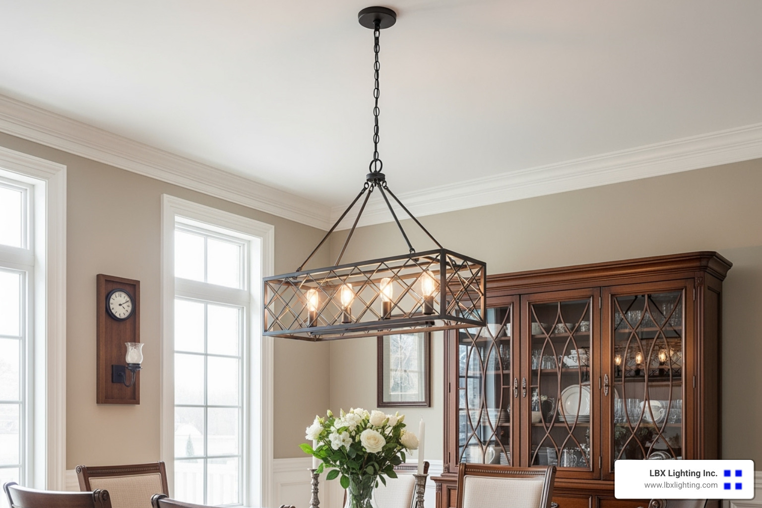 swag light neatly draped from an off-center electrical box to hang perfectly over a dining table - hanging dining room lights with chain
