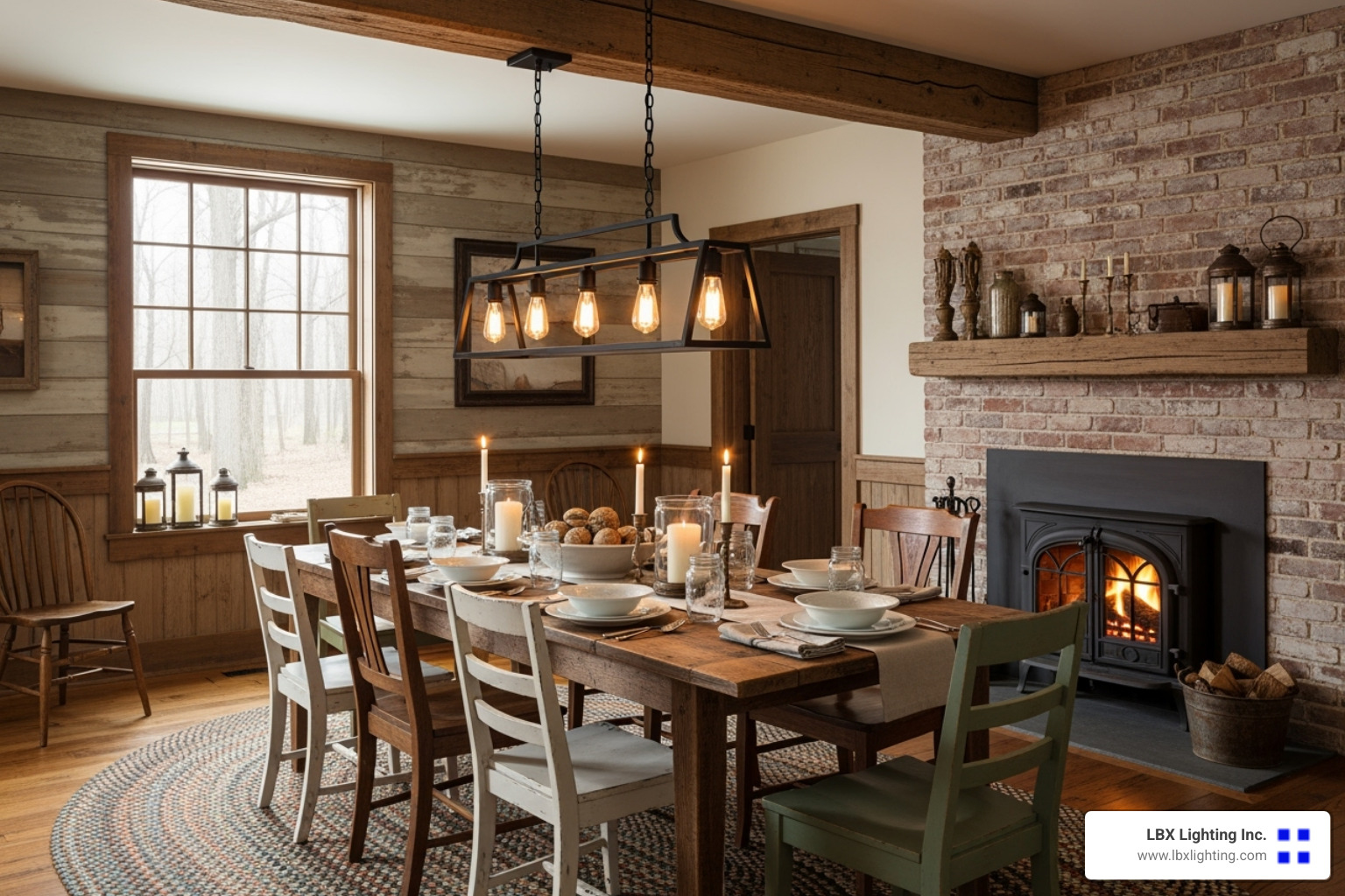 rustic dining room with a wooden beam and a black chain-hung light - hanging dining room lights with chain