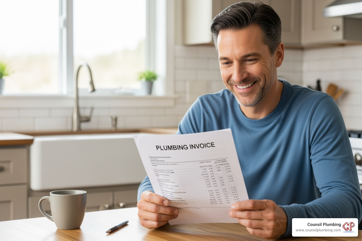a homeowner looking at a plumbing invoice with a smile - residential plumbing San Jose a homeowner looking at a plumbing invoice with a smile - residential plumbing San Jose
