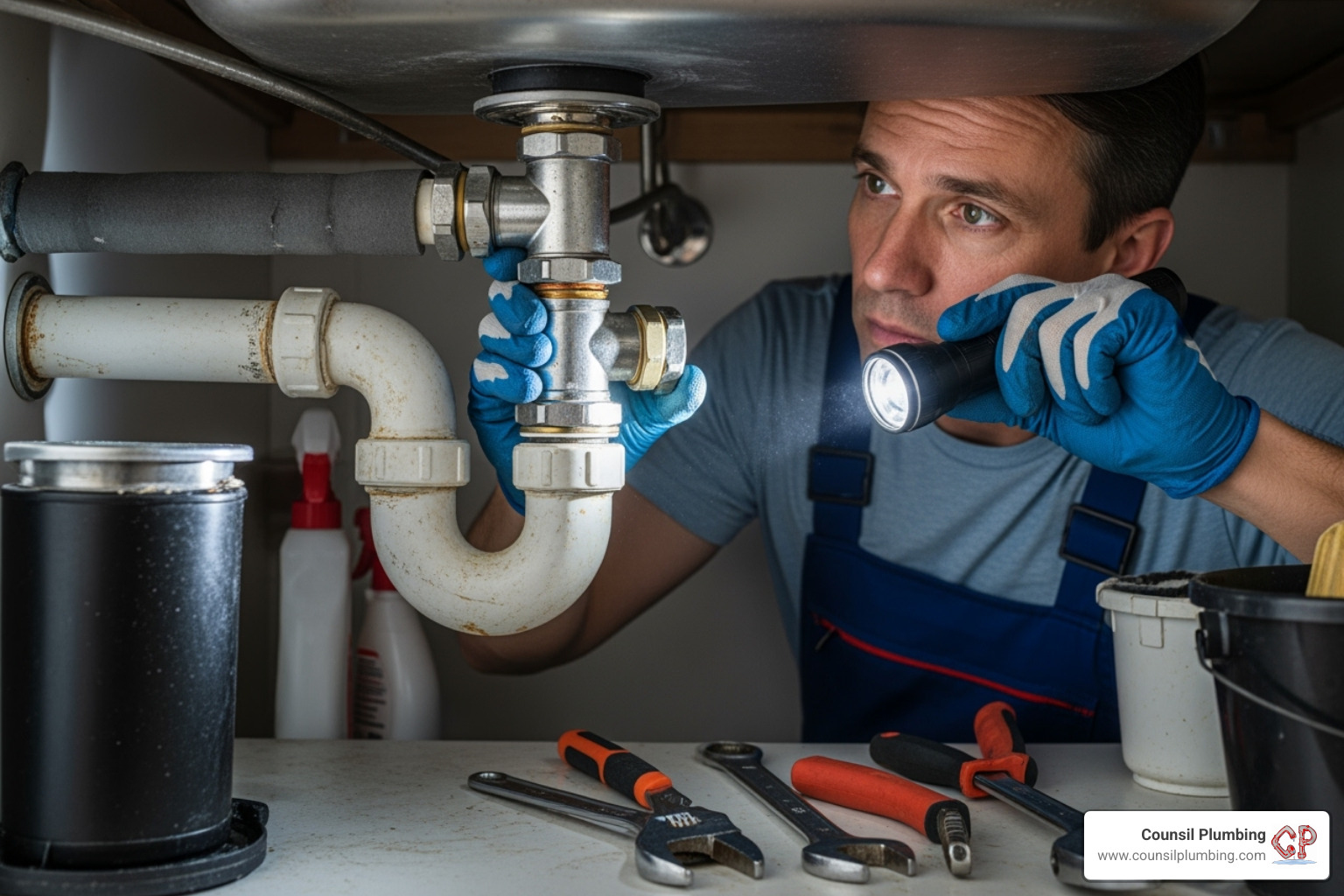 a plumber inspecting pipes under a sink - residential plumbing San Jose a plumber inspecting pipes under a sink - residential plumbing San Jose