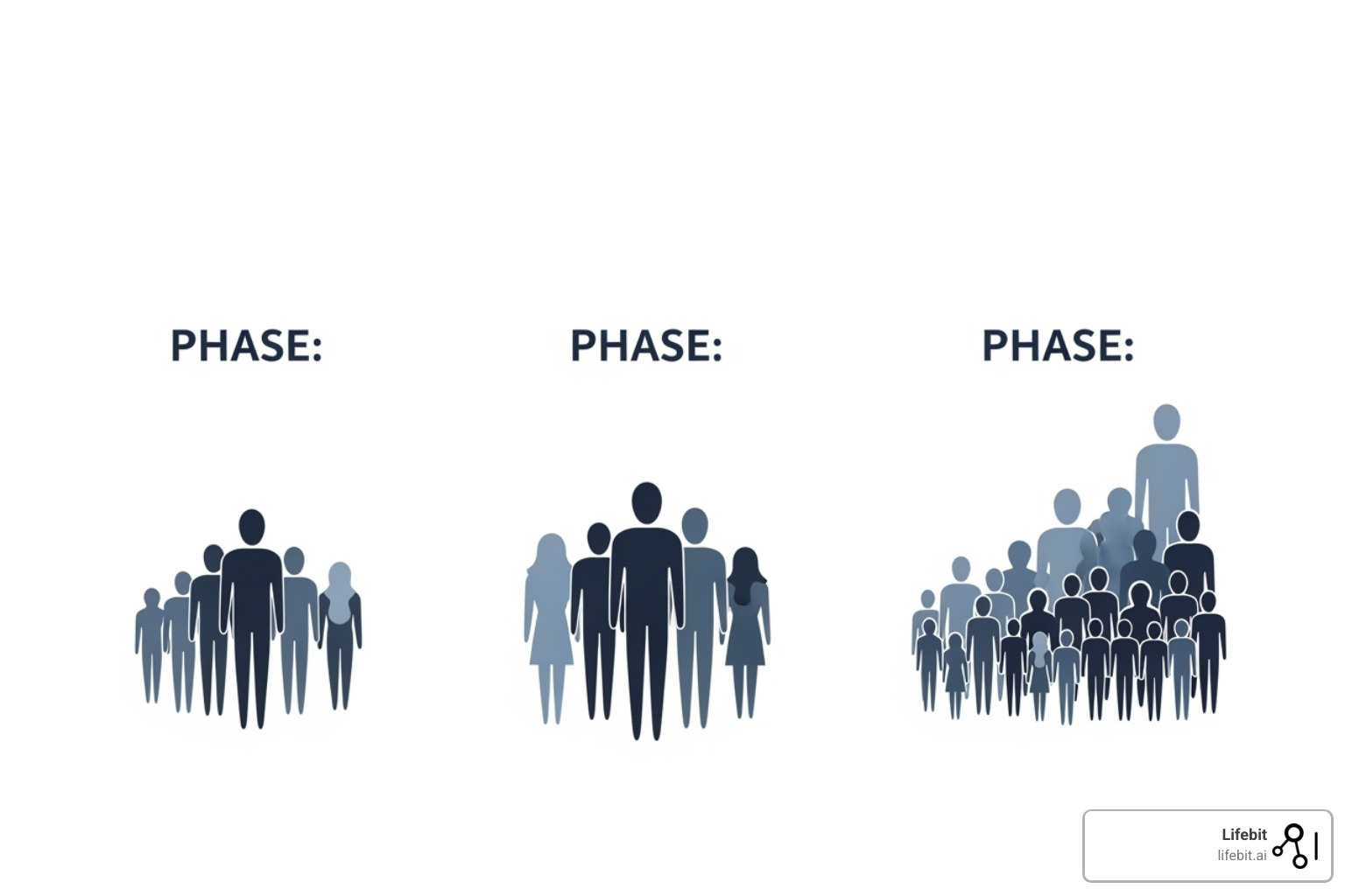 Illustration showing the increasing number of participants from Phase 1 (small group, focused on safety) to Phase 2 (larger group, focused on effectiveness and dosing) to Phase 3 (largest group, focused on large-scale efficacy and safety confirmation). Each phase is represented by a growing crowd of stylized human figures. - fda drug approval process