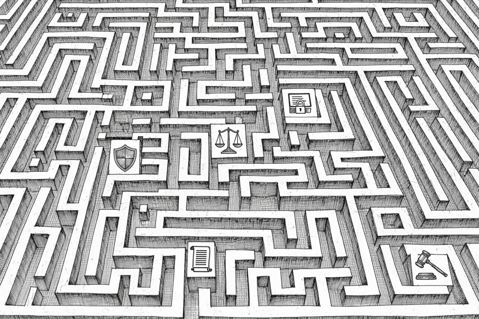 a maze with icons representing data privacy, ethics, and regulations - ai-driven therapy tools
