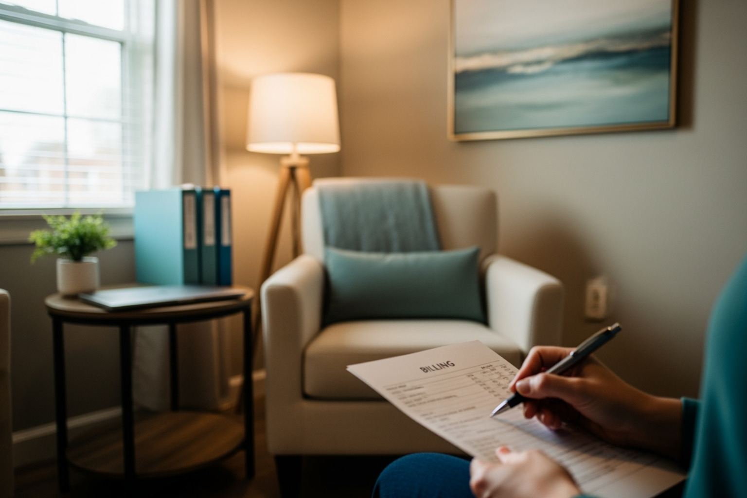 professional license and a computer screen showing an online application - billing for therapists