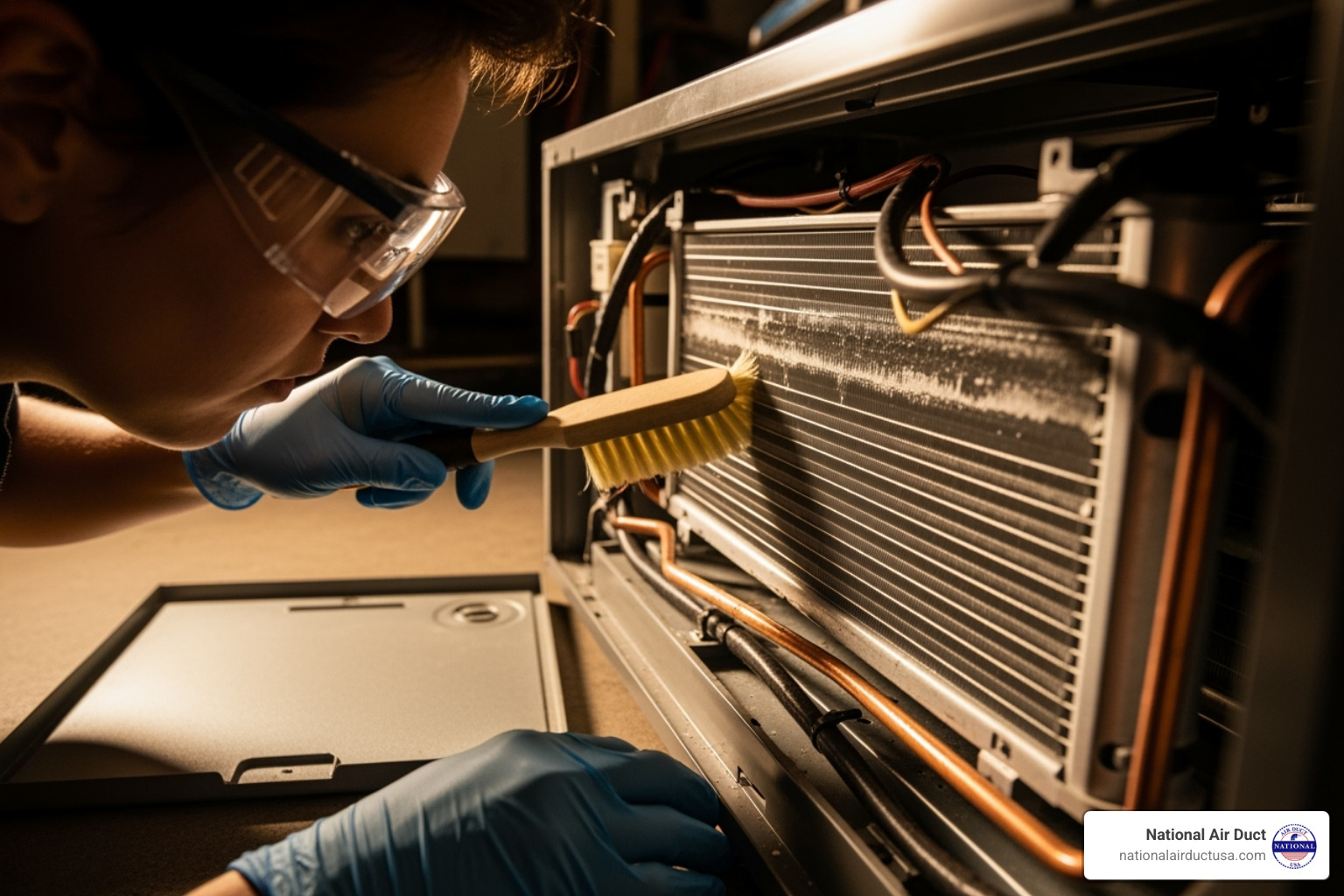 person cleaning evaporator coil - clean air conditioner coils inside house