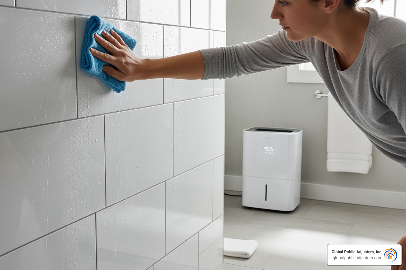 Person wiping down a shower and a dehumidifier running - renters insurance mold claim