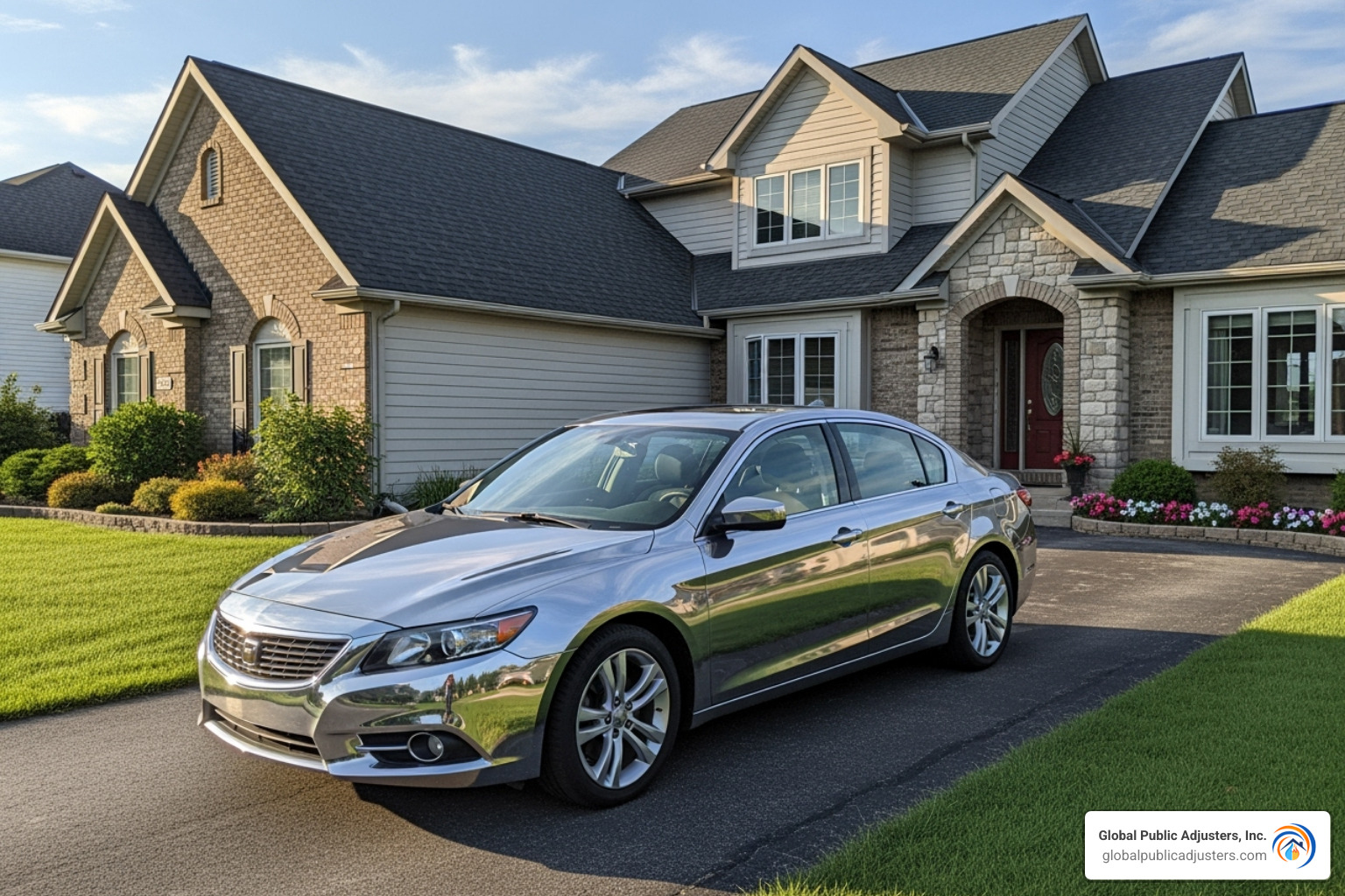 Repaired, shiny car next to a home with a new roof - how much is the average hail damage claim