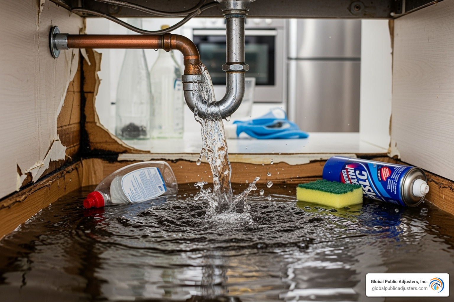 Water damage from a burst pipe under a kitchen sink - renters insurance mold claim