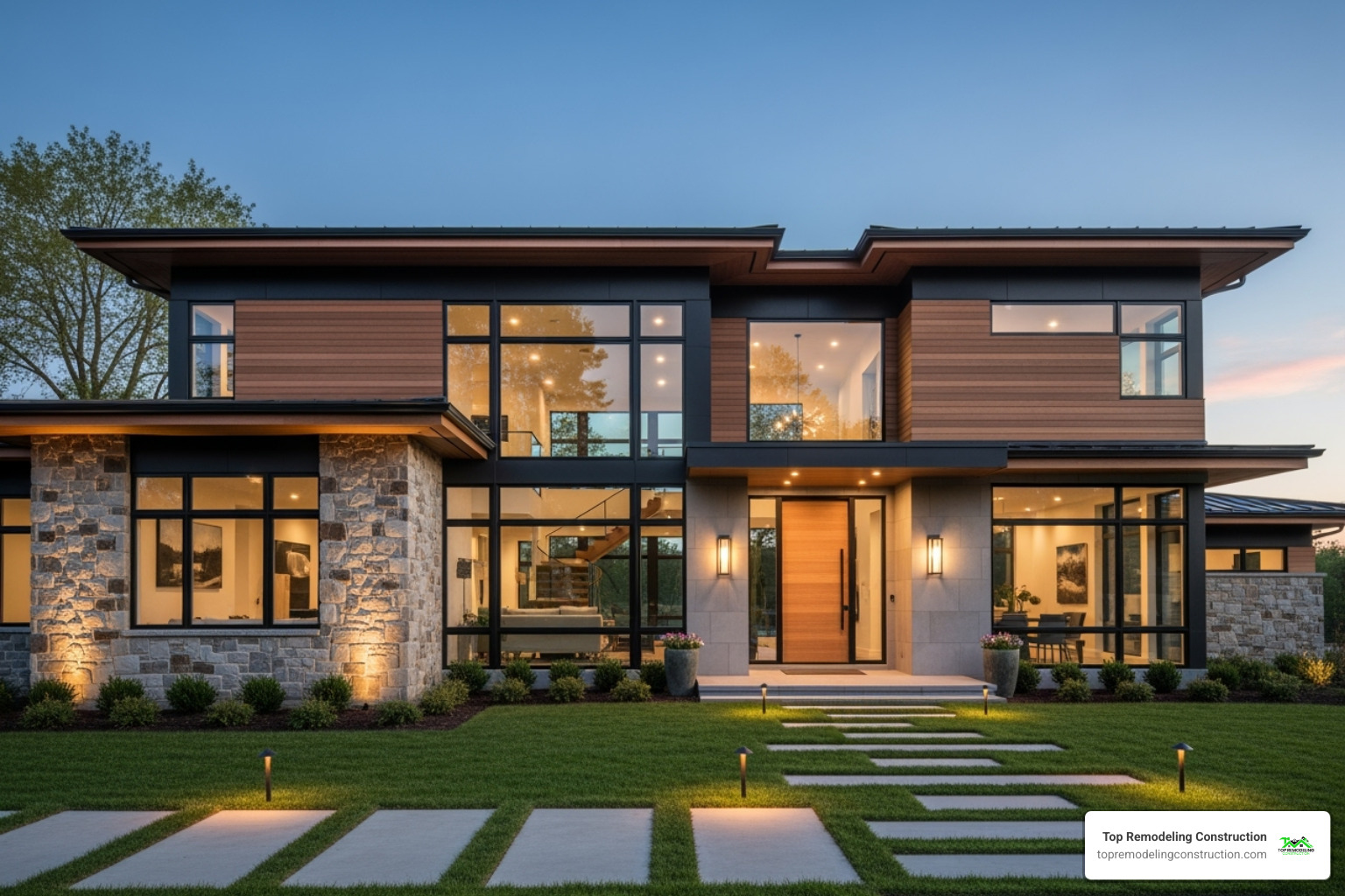 Transitional home exterior showcasing mixed materials - Transitional home designs Transitional home exterior showcasing mixed materials - Transitional home designs