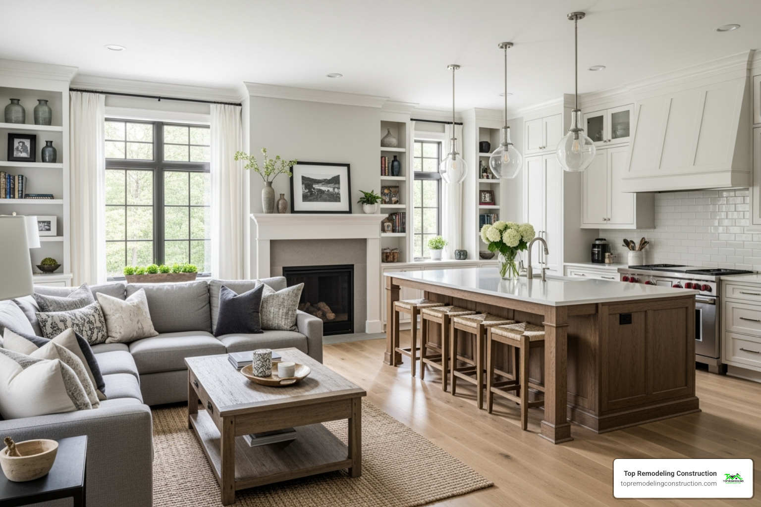 Transitional open-concept living room and kitchen - Transitional home designs Transitional open-concept living room and kitchen - Transitional home designs