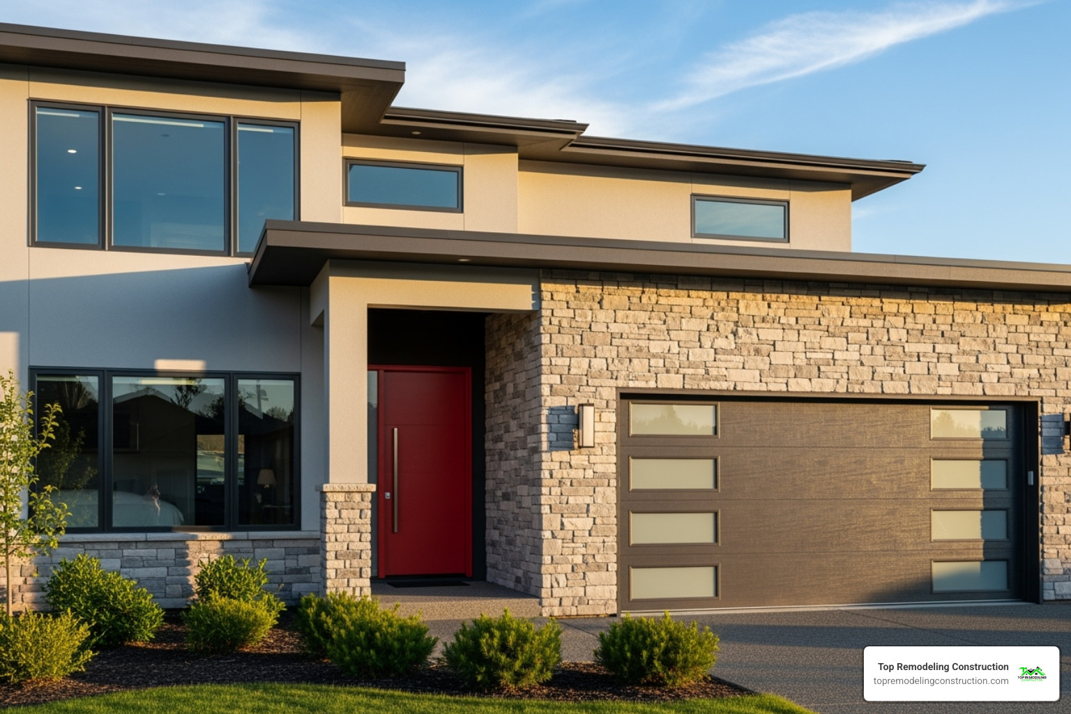 home exterior showcasing a new garage door, entry door, and stone veneer - best home upgrades home exterior showcasing a new garage door, entry door, and stone veneer - best home upgrades