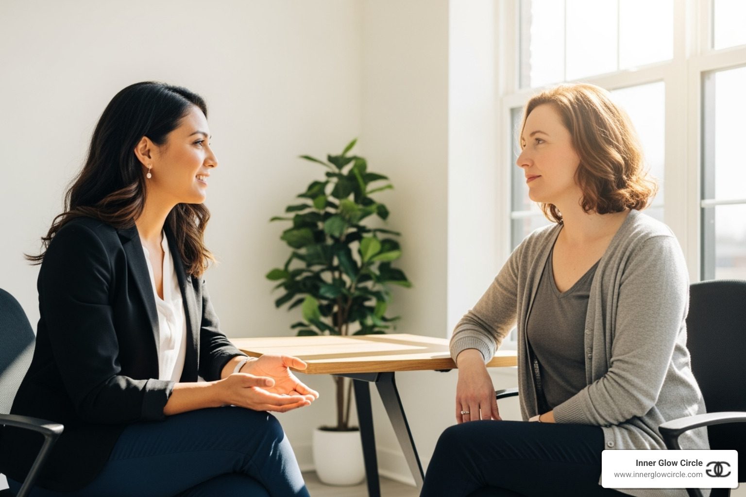 A woman and her coach in a one-on-one coaching session in a bright, modern office, engaged in a deep conversation with open body language. - Female leadership coaching