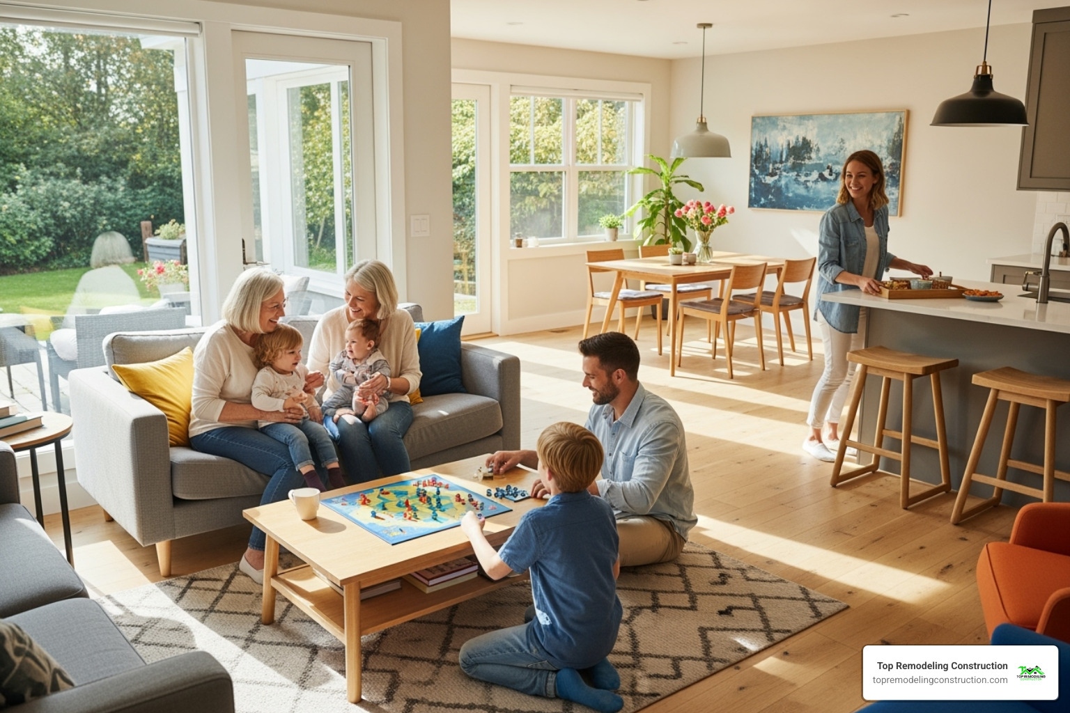 Happy multi-generational family in open-concept living space - universal construction and remodeling Happy multi-generational family in open-concept living space - universal construction and remodeling