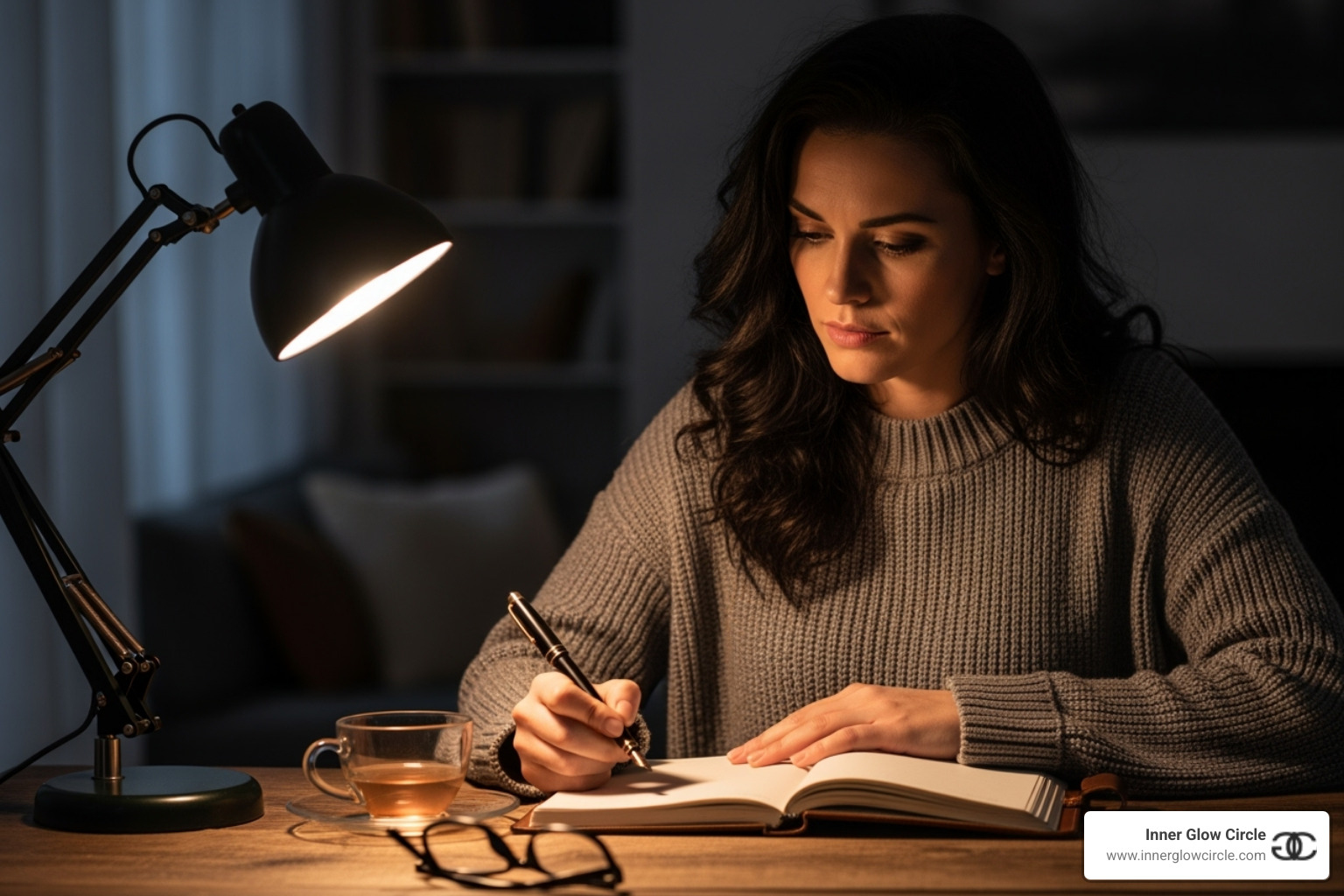 A woman thoughtfully writing in a journal, with a pen in hand and a focused expression. - Female leadership coaching