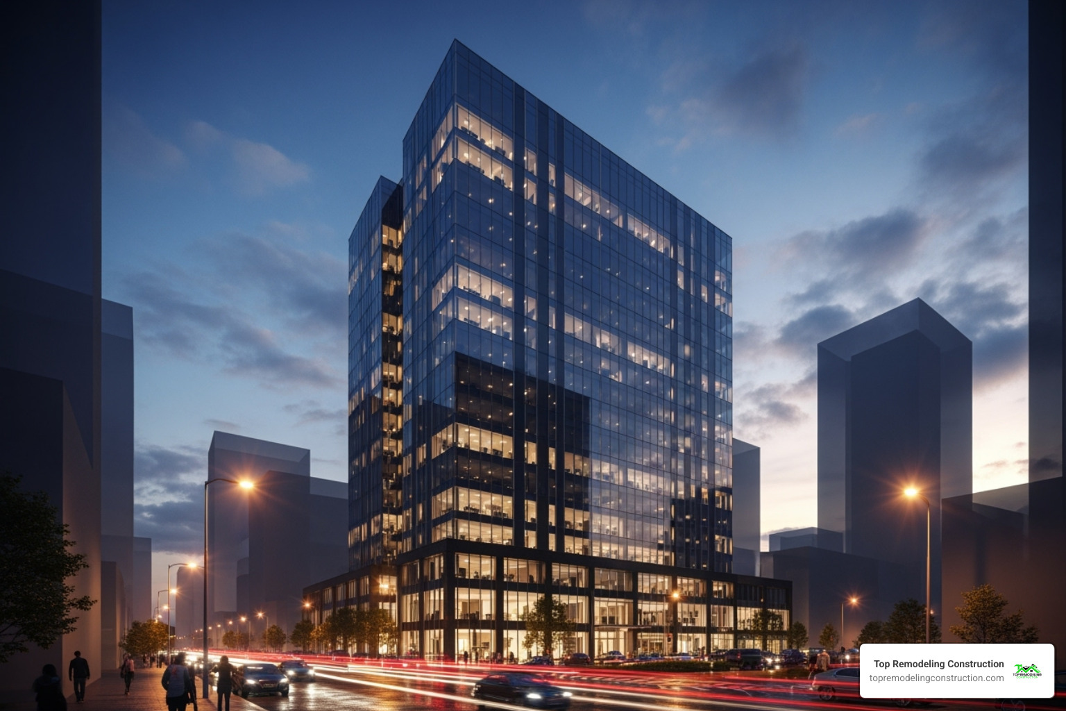 completed modern commercial office building at dusk - commercial construction jobs completed modern commercial office building at dusk - commercial construction jobs