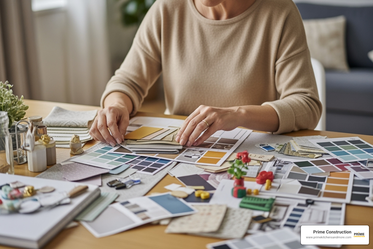 homeowner creating a mood board with fabric swatches and paint chips - home remodeling contractor