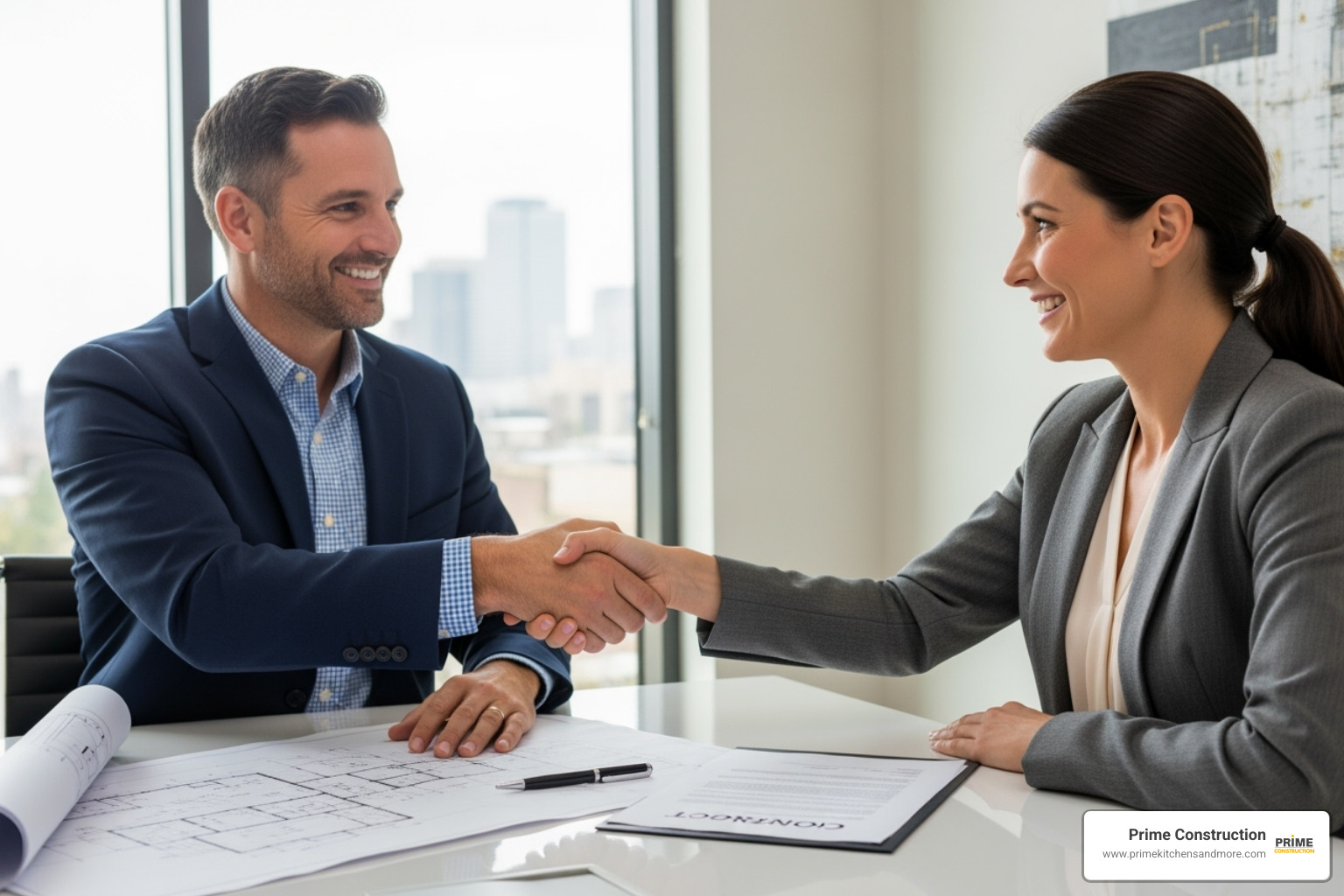two people shaking hands over a signed contract and blueprints - home remodeling contractor