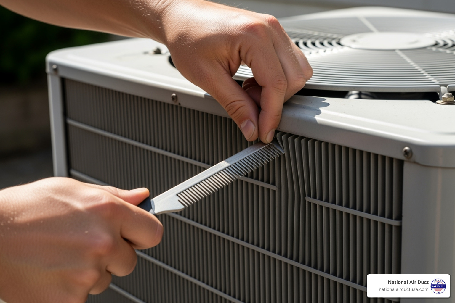 fin comb being used to straighten bent fins - how to clean a central ac unit