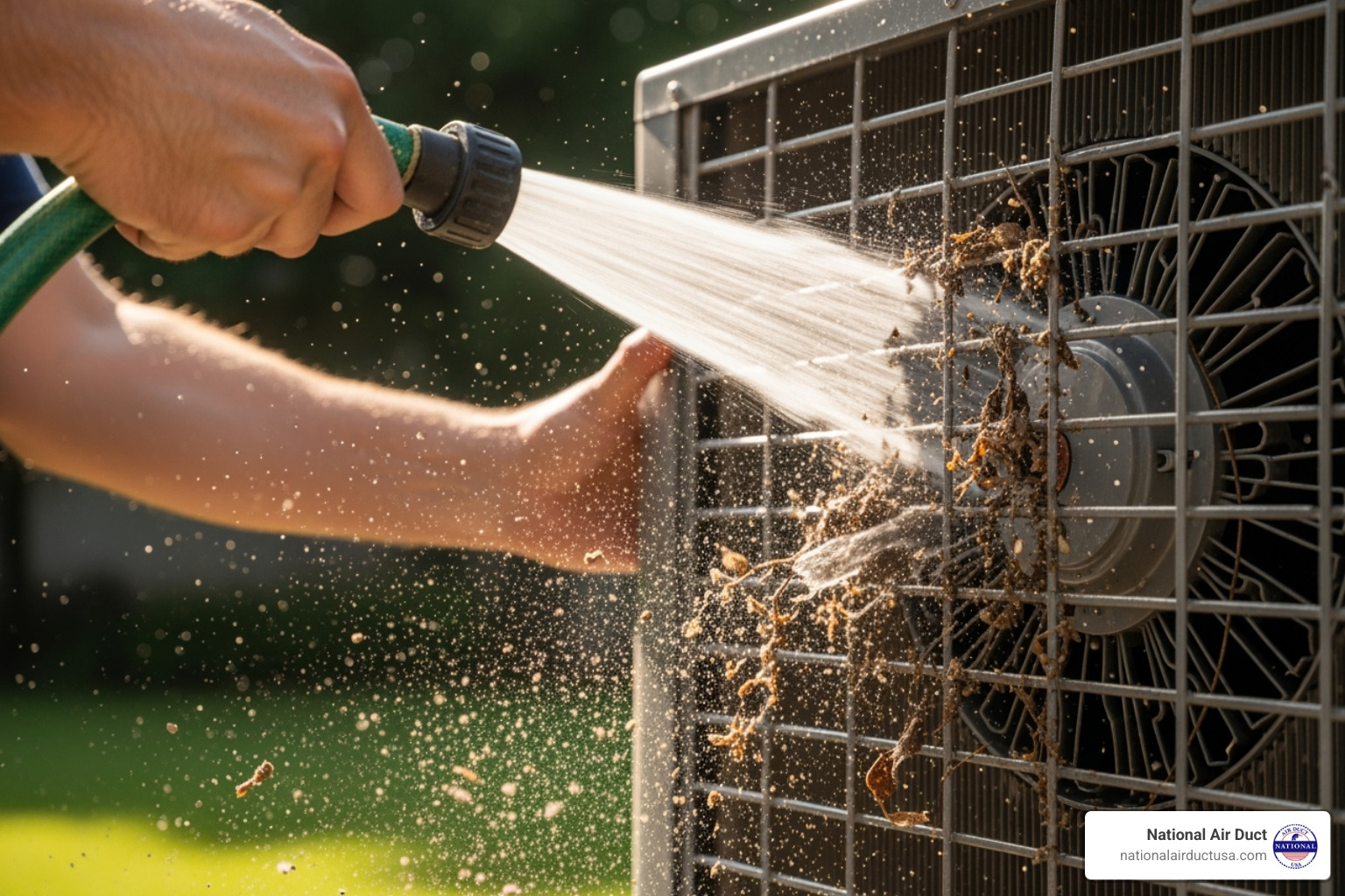 A strong spray from a garden hose will push debris out - how to clean a central ac unit