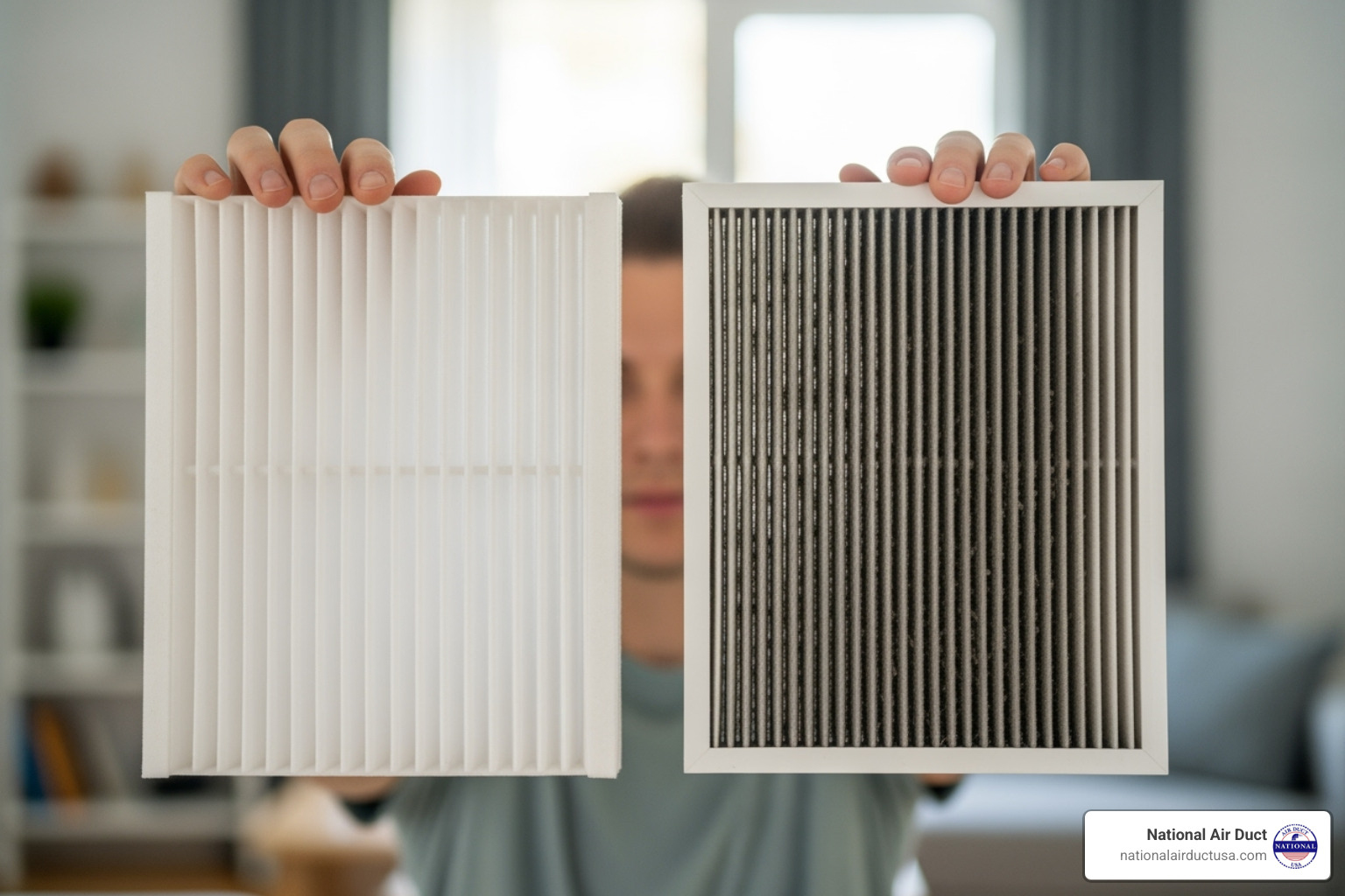person holding up a clean filter next to a dirty one - how to clean a central ac unit