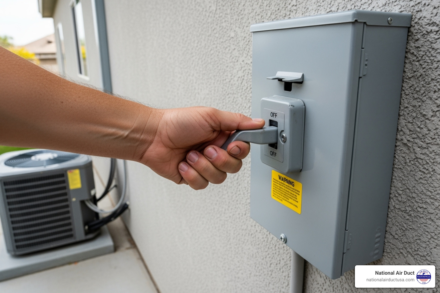 hand turning off an exterior shut-off box - how to clean a central ac unit