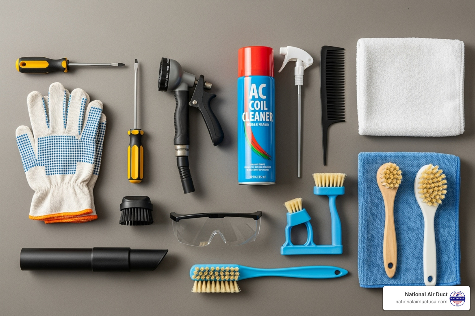 all the necessary tools laid out neatly - how to clean a central ac unit