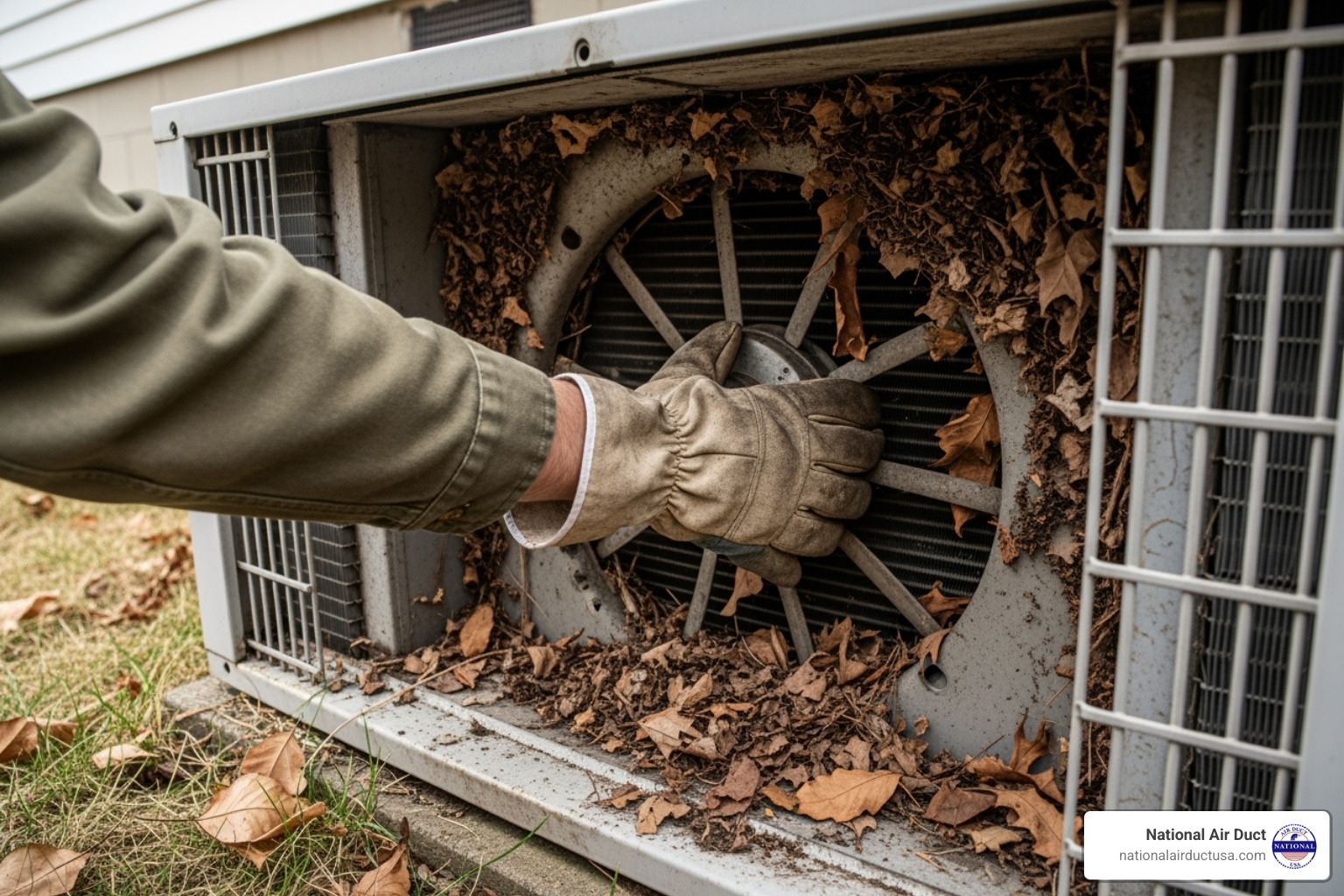person wearing gloves clearing leaves from inside an AC unit - how to clean a central ac unit