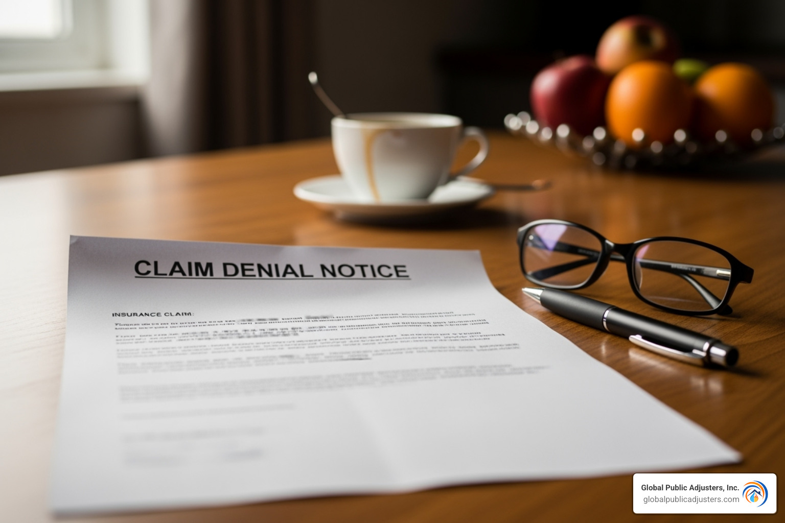 A denied insurance claim letter on a kitchen table, with a pen and glasses beside it, indicating a difficult situation - how to claim mold damage